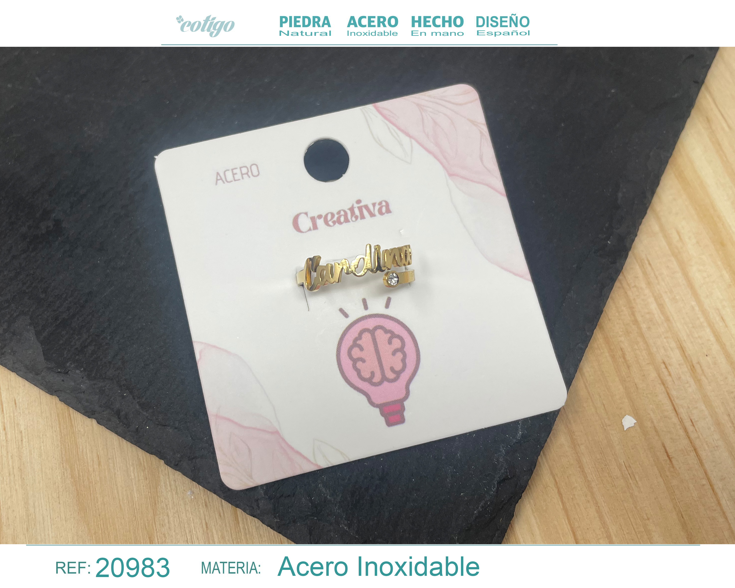 Anillo con palabra "Creativa" Acero color Dorado