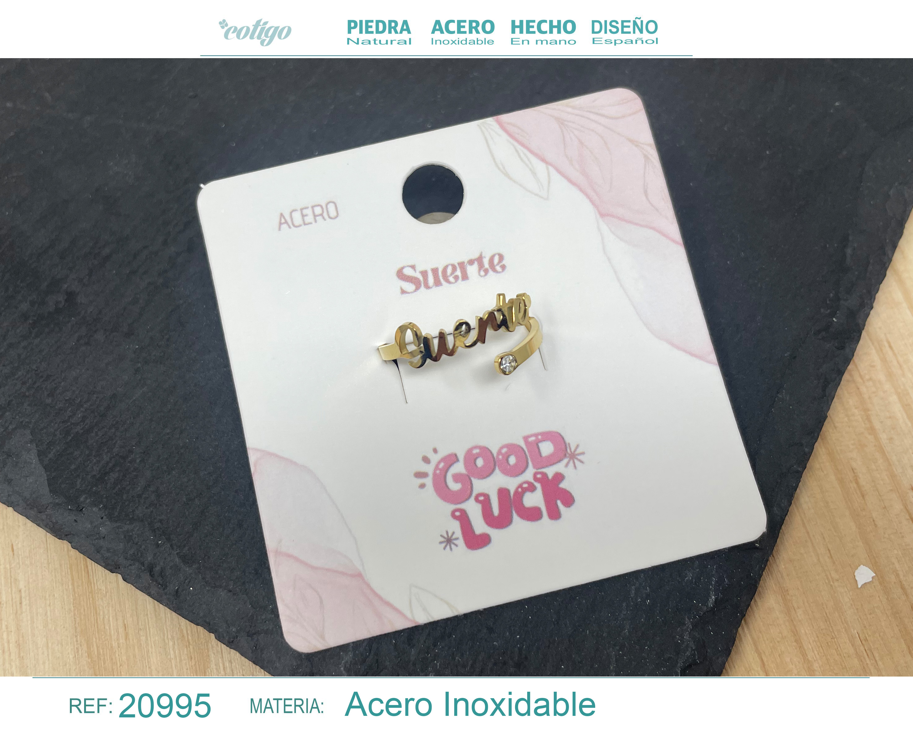 Anillo con palabra "Suerte" Acero color Dorado