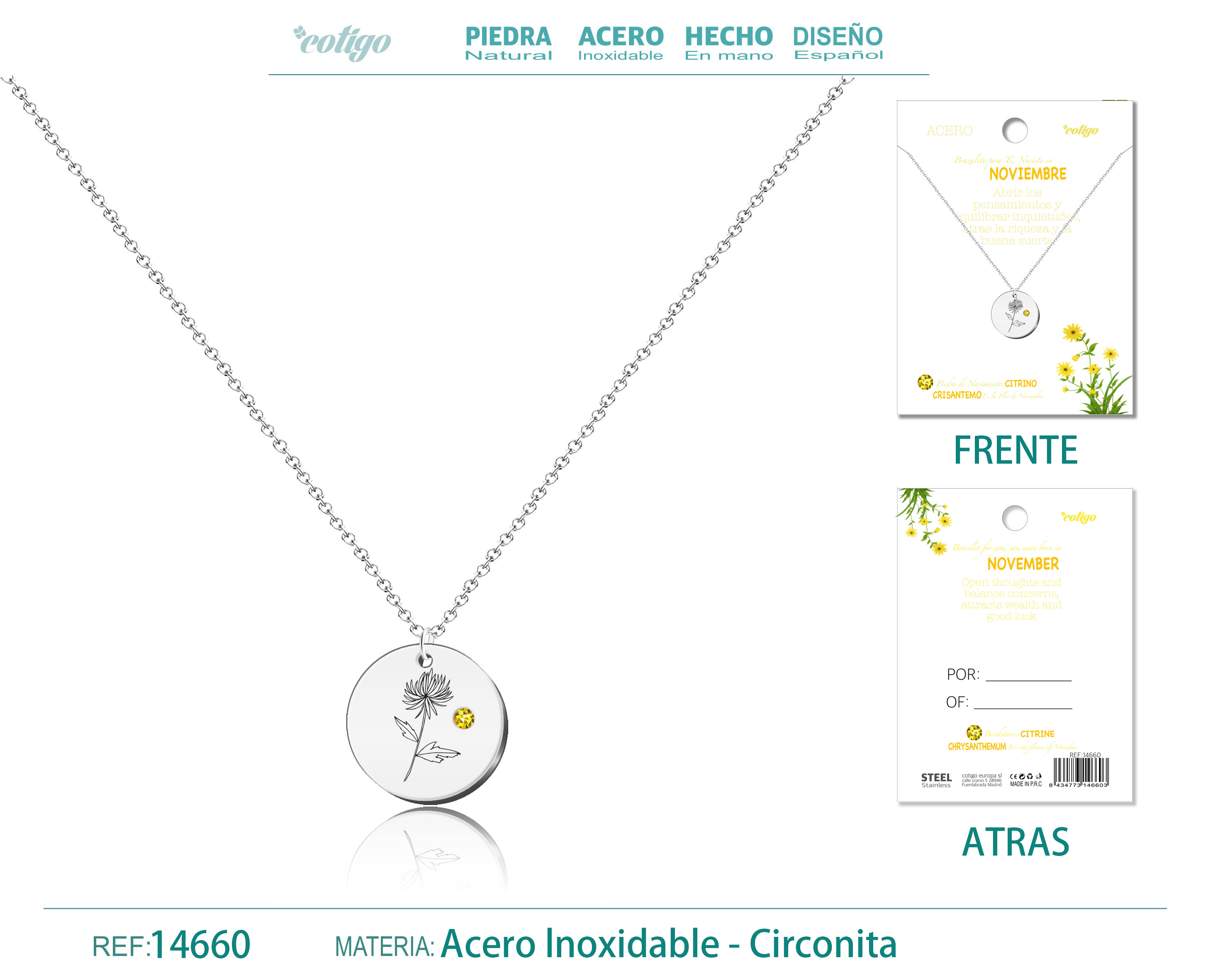 Collar Acero para Nacimiento de Noviembre Plateado
