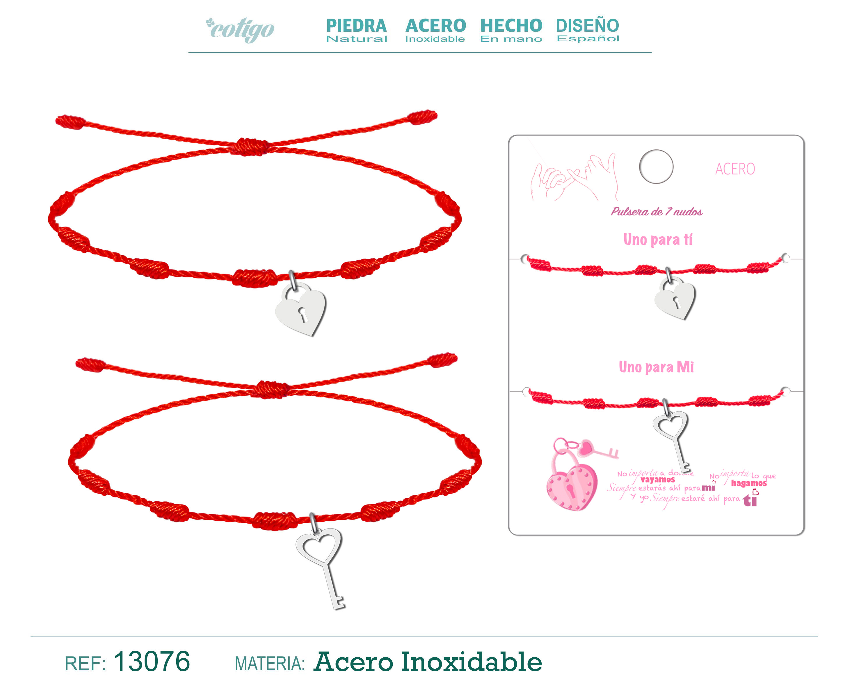 2 Pulsera 7 Nudos con Llave y Candado Acero Plateado
