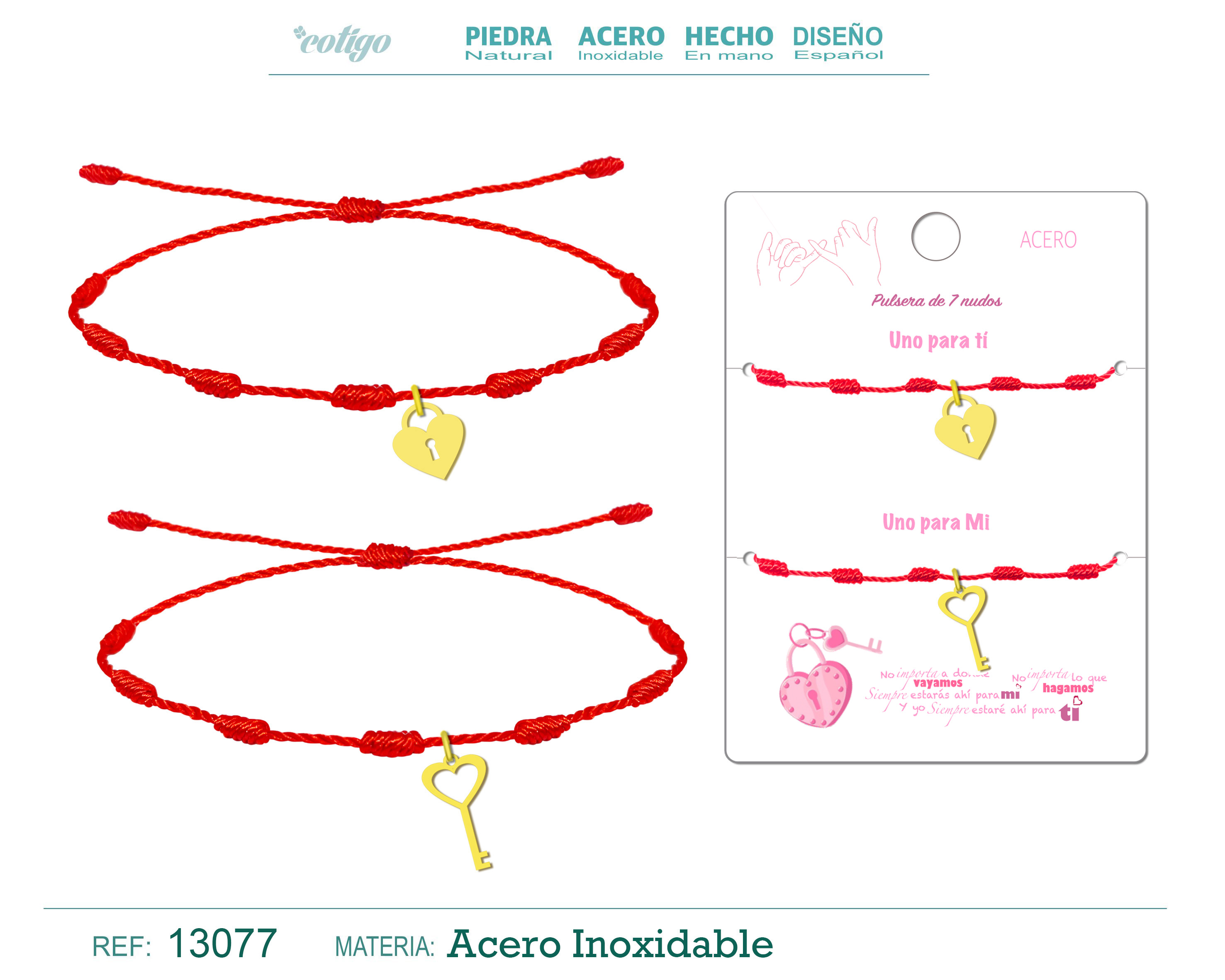 2 Pulsera 7 Nudos con Llave y Candado Acero Dorado