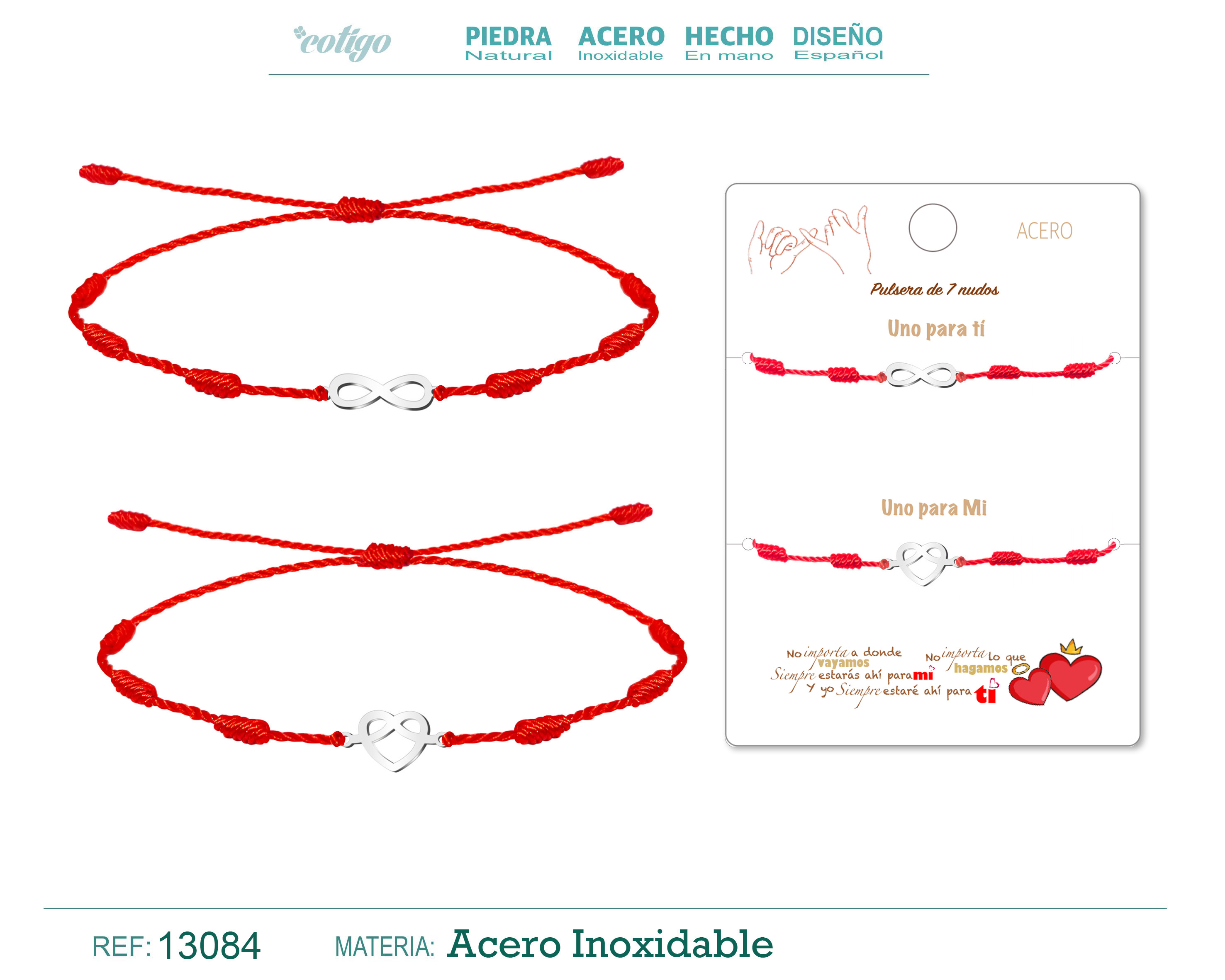 2 Pulsera 7 Nudos con Simbolo Infinito y Corazon Acero Plateado