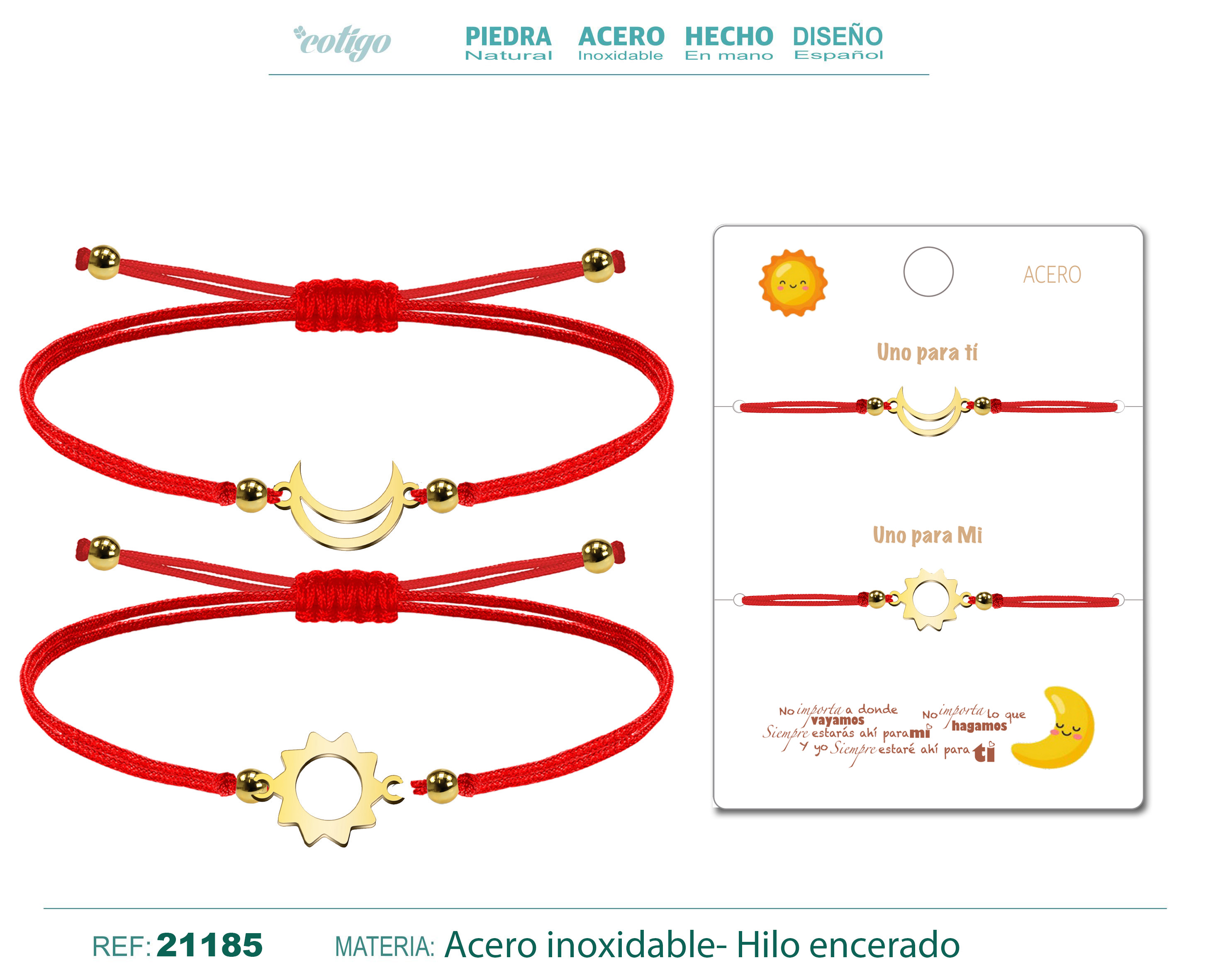 Pulsera Luna-Sol Dorado Hilo Rojo