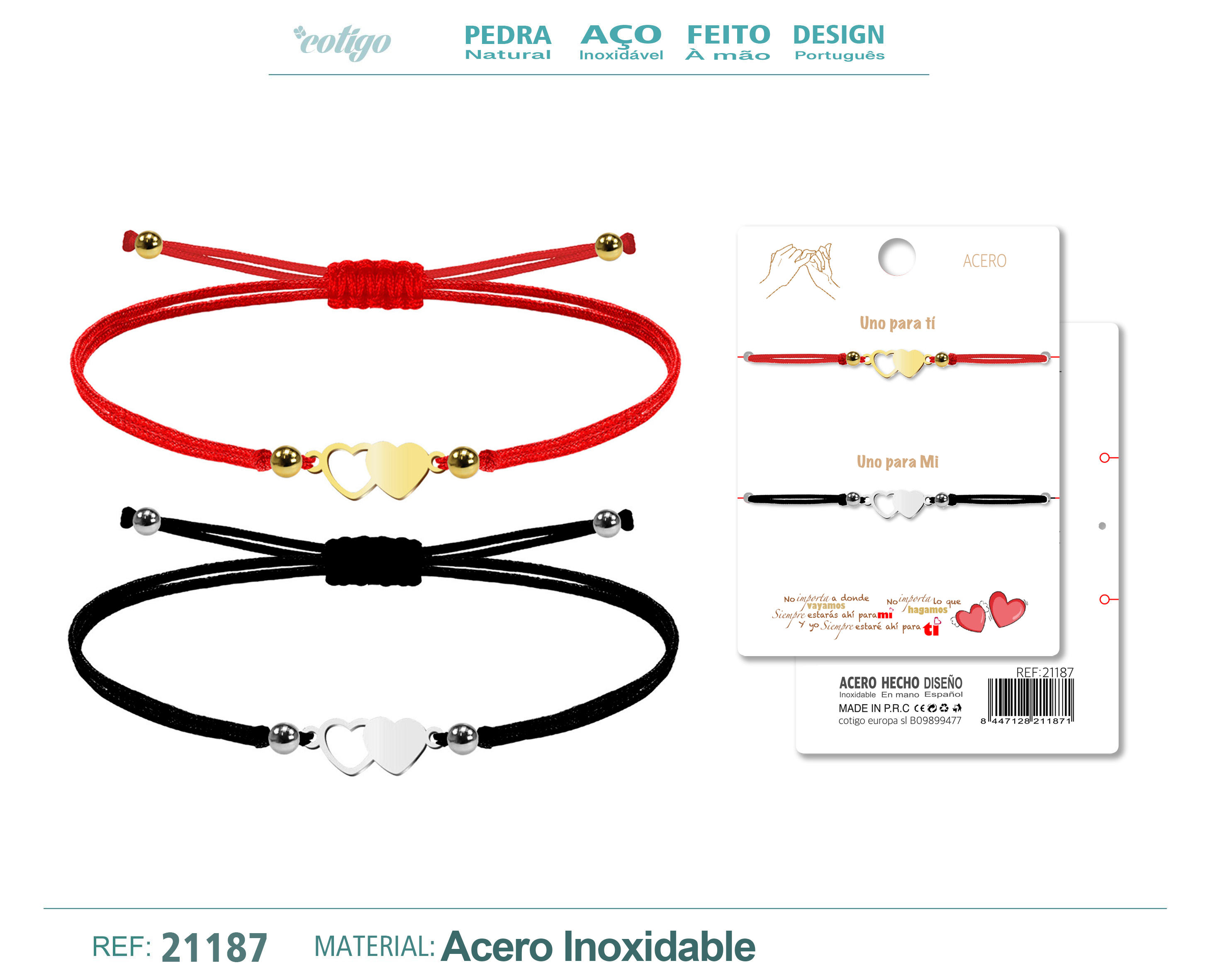 Pulsera 2 Corazones Dorados Hilo Rojo