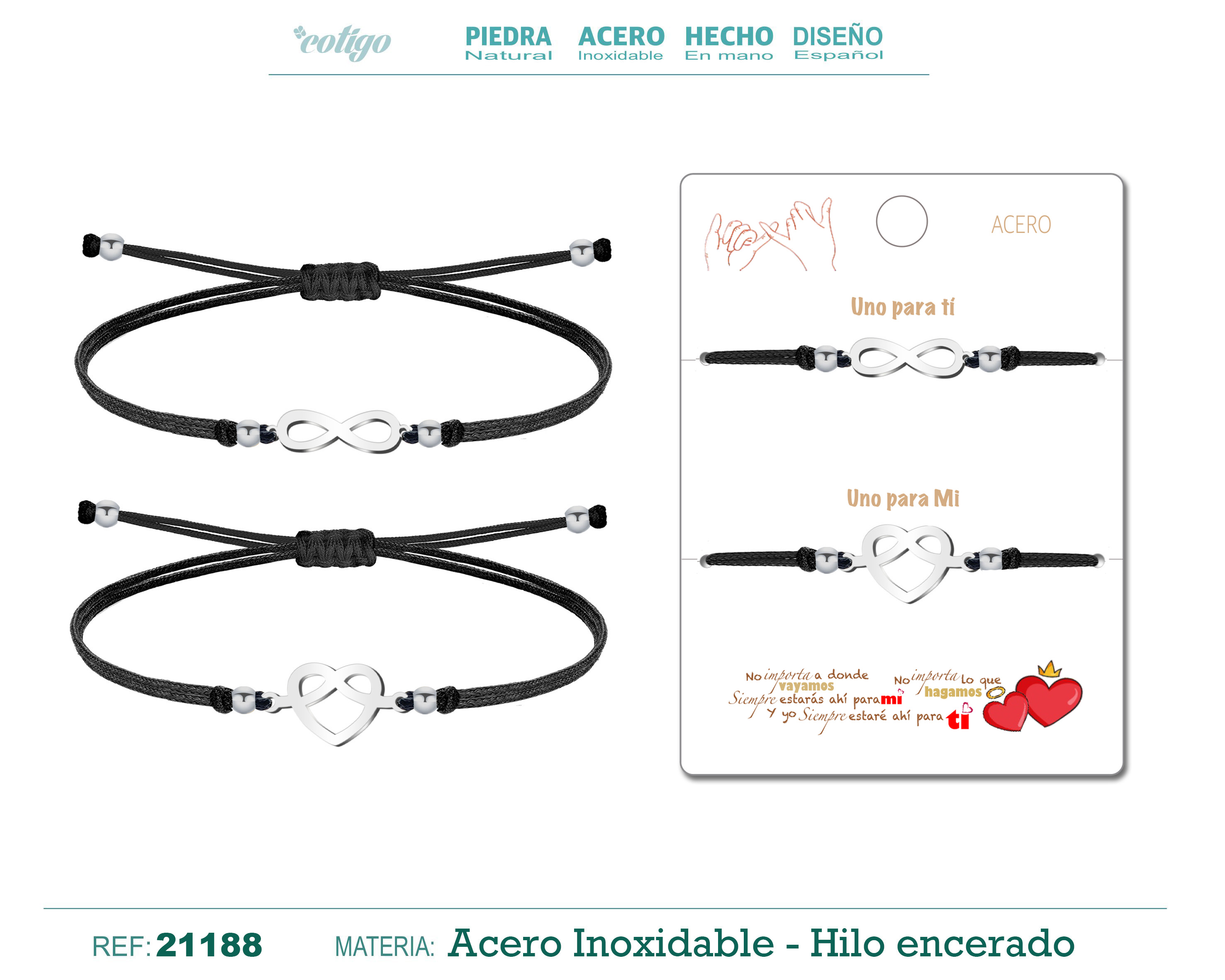 Pulsera Corazon-Infinitivo Plateado Hilo Negro