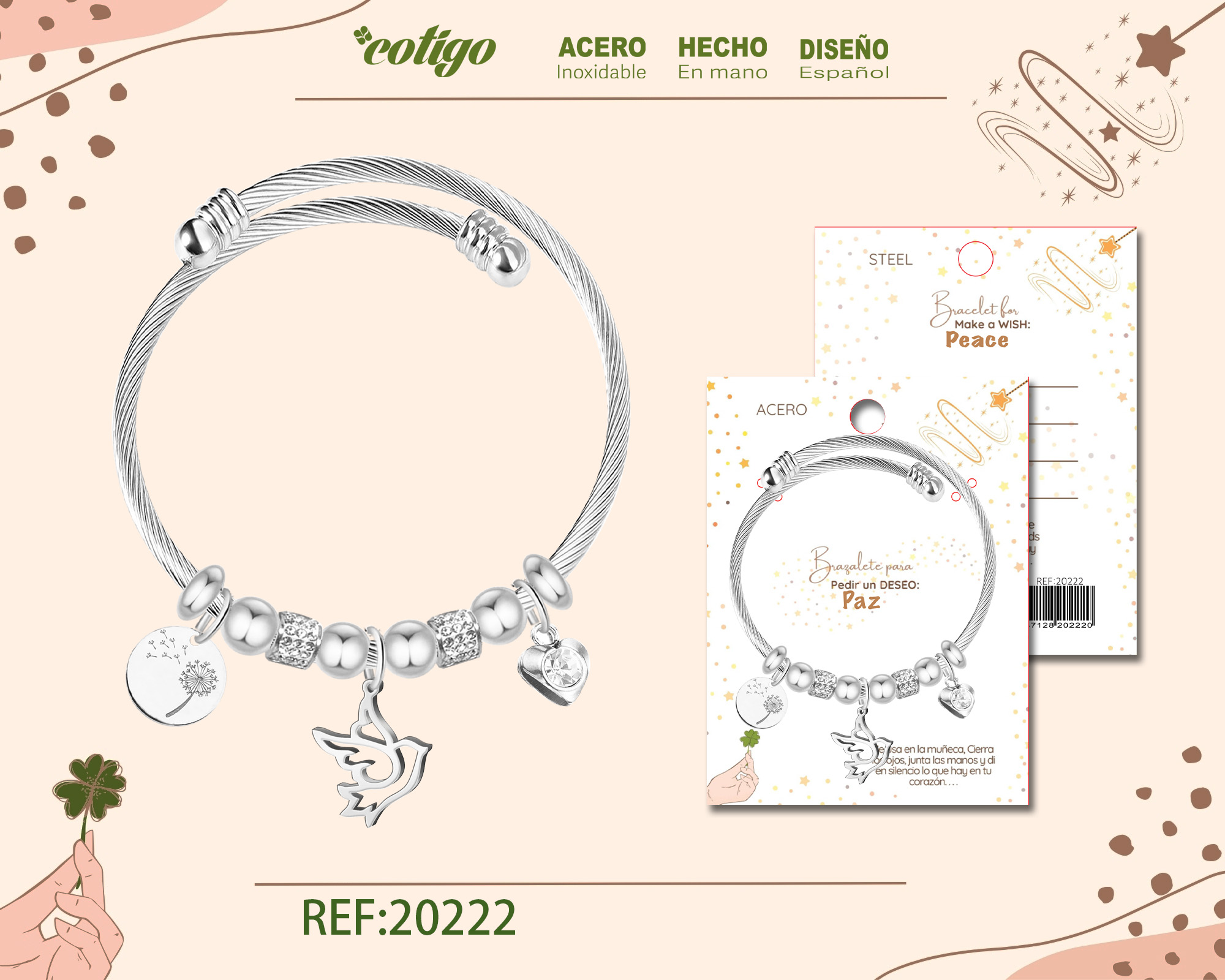 Brazalete con Paloma Acero para Deseo: PAZ