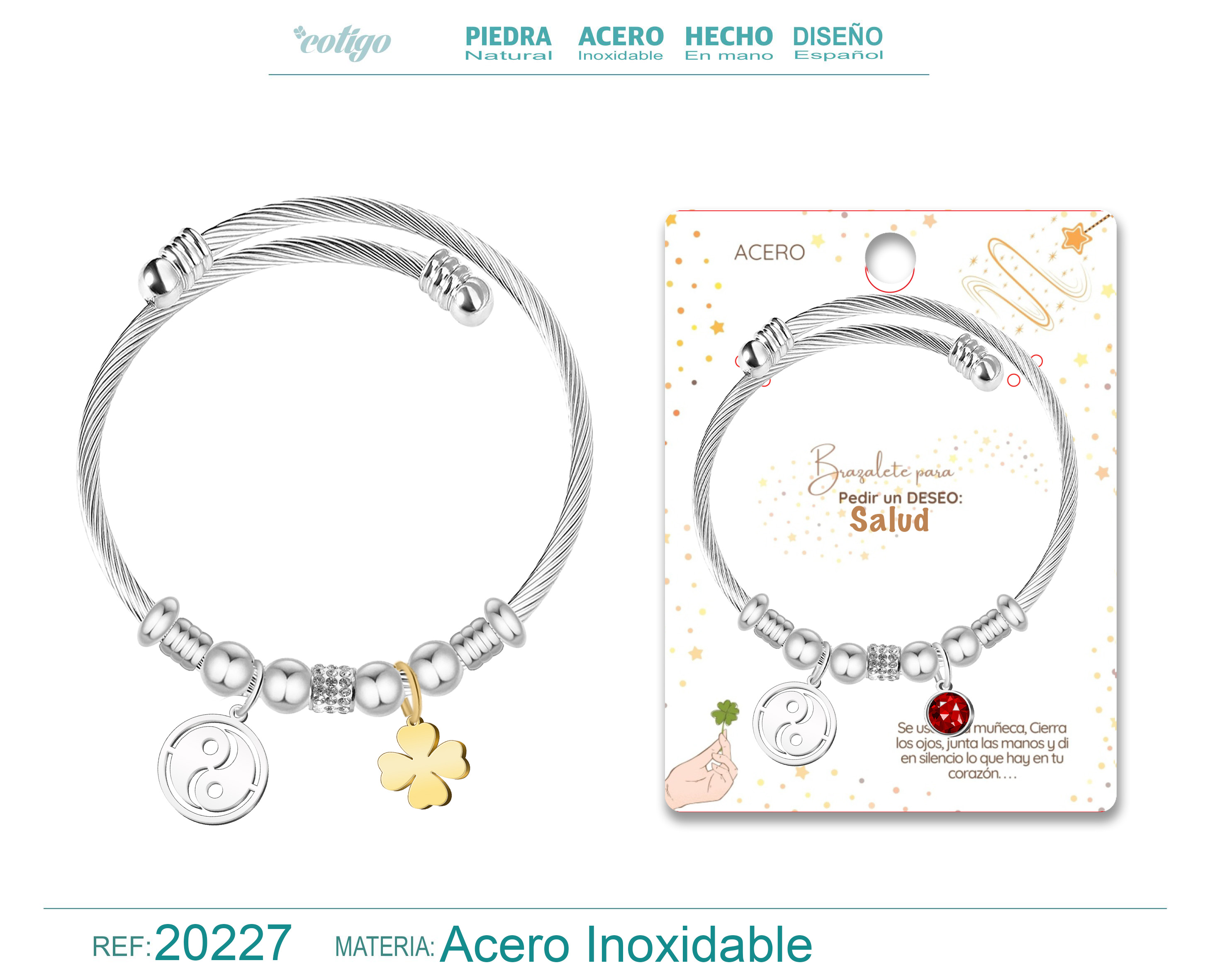 Brazalete con YinYan Acero para Deseo: SALUD