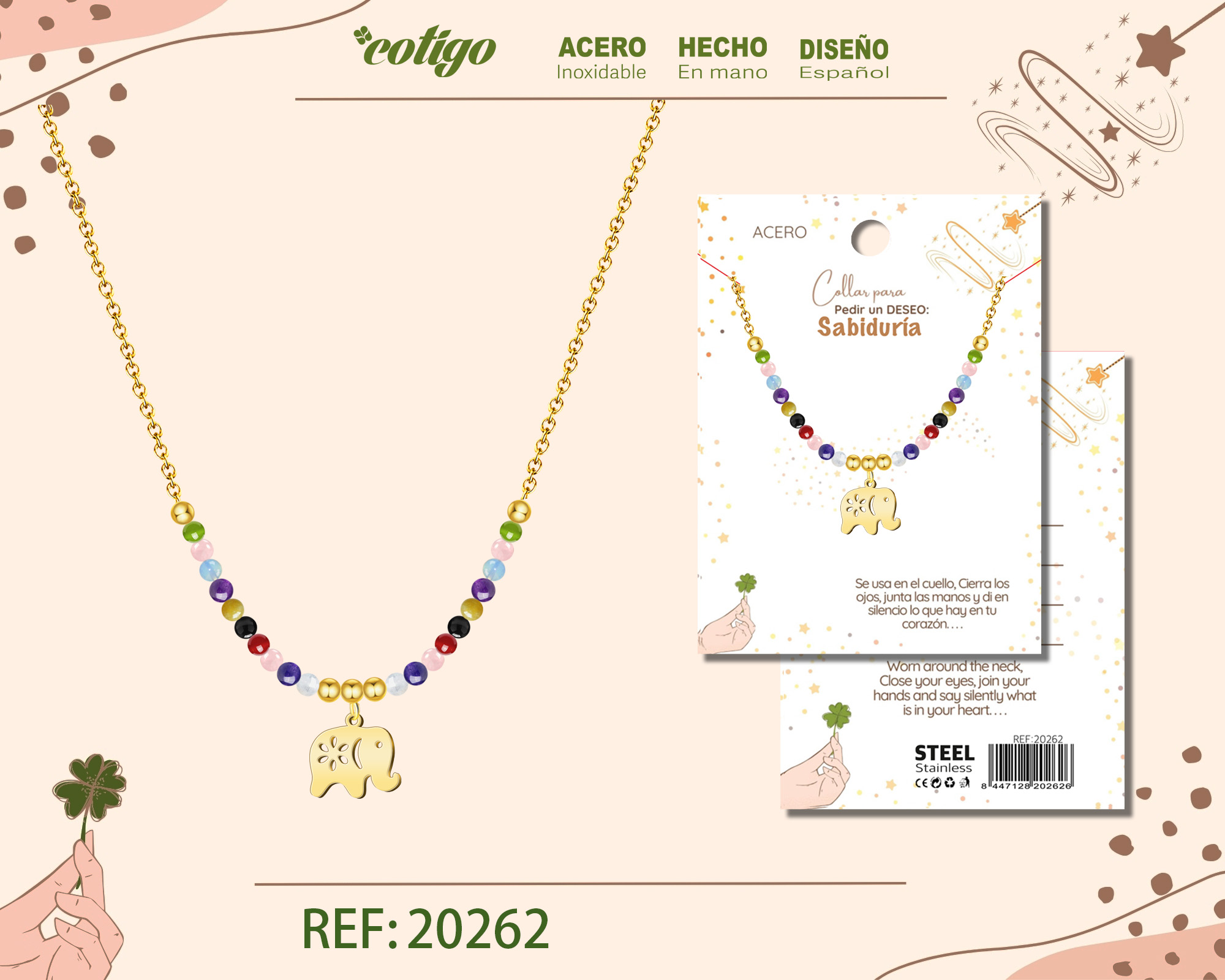Collar con Elefante Acero para Deseo: SABIDURIA