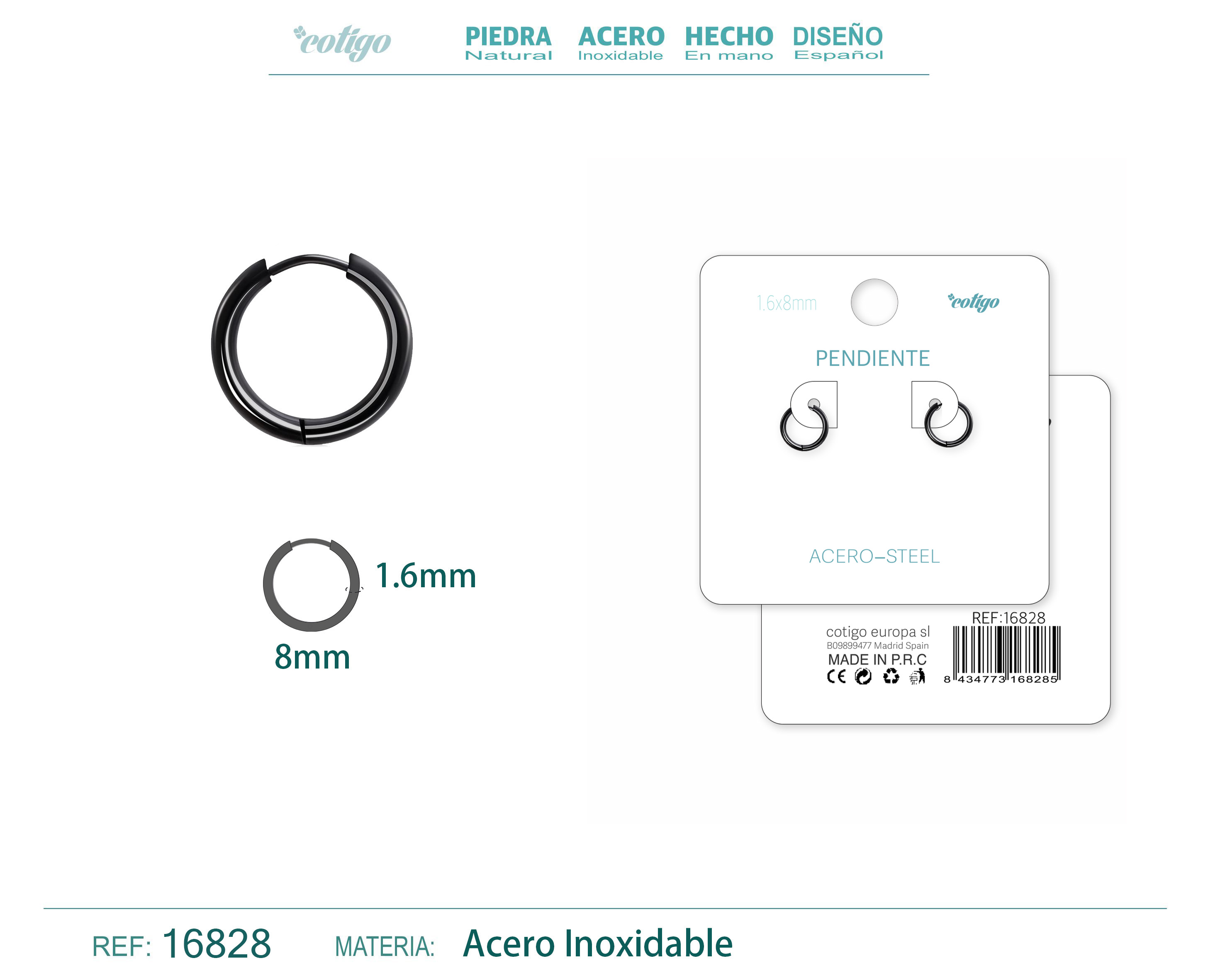 PENDIENTE ARO ACERO 1.6X8 MM NEGRO