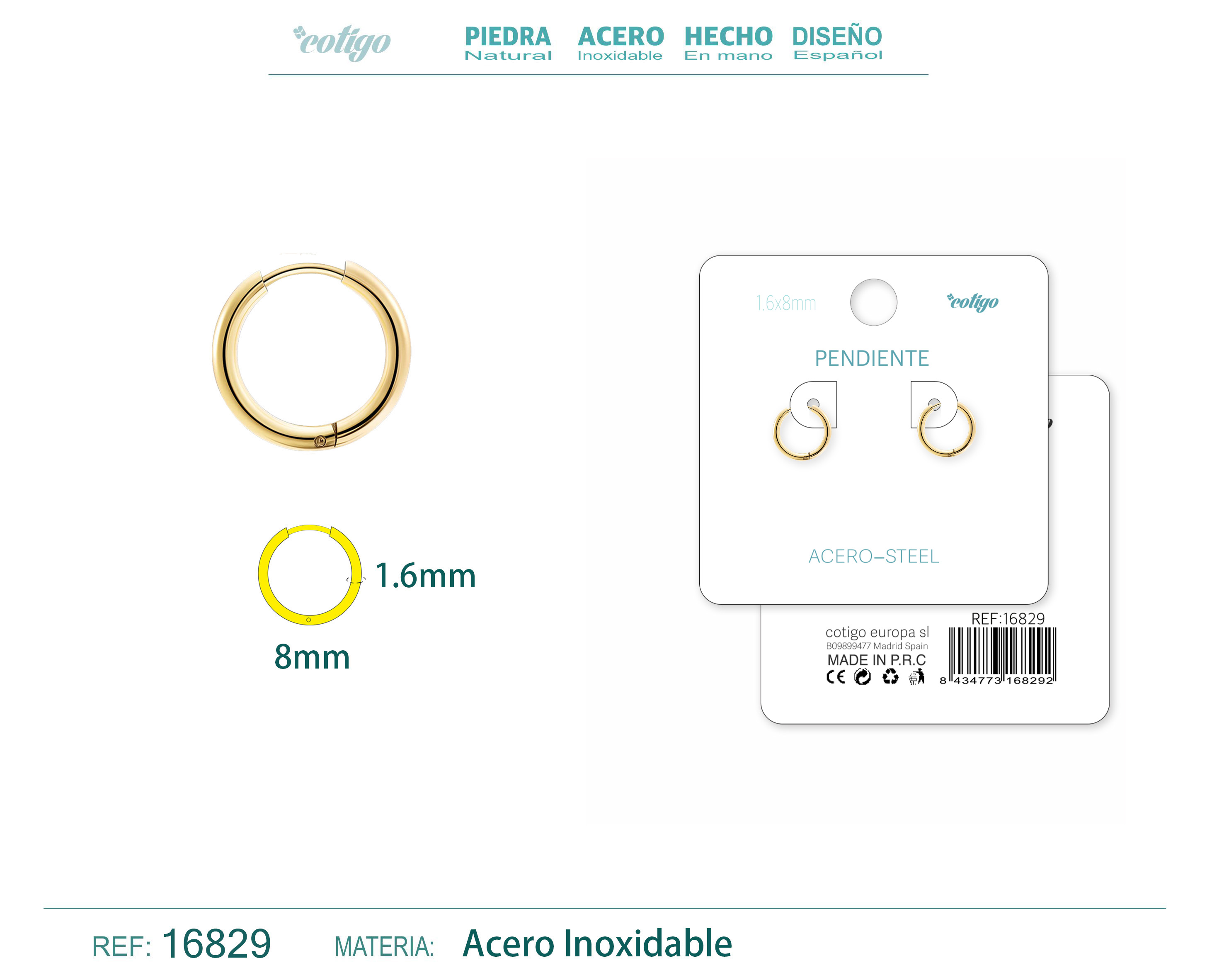PENDIENTE ARO ACERO 1.6X8 MM DORADO