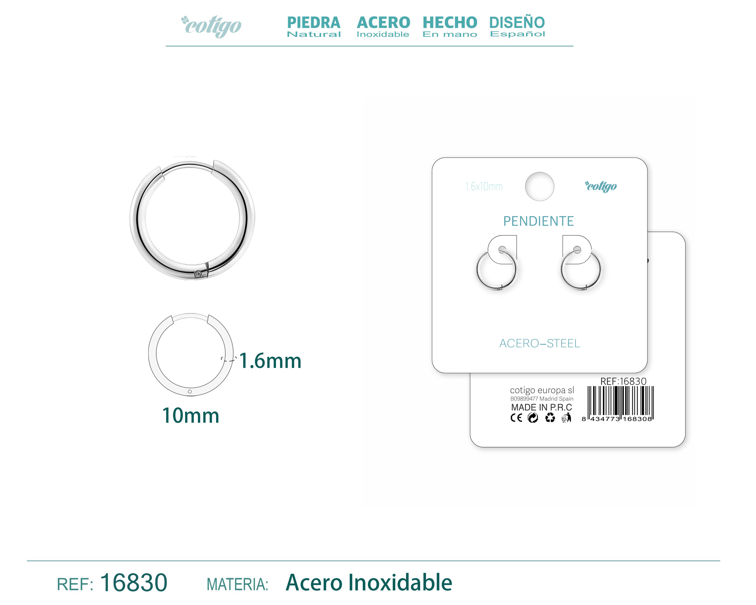 PENDIENTE ARO ACERO 1.6X10 MM PLATEADO