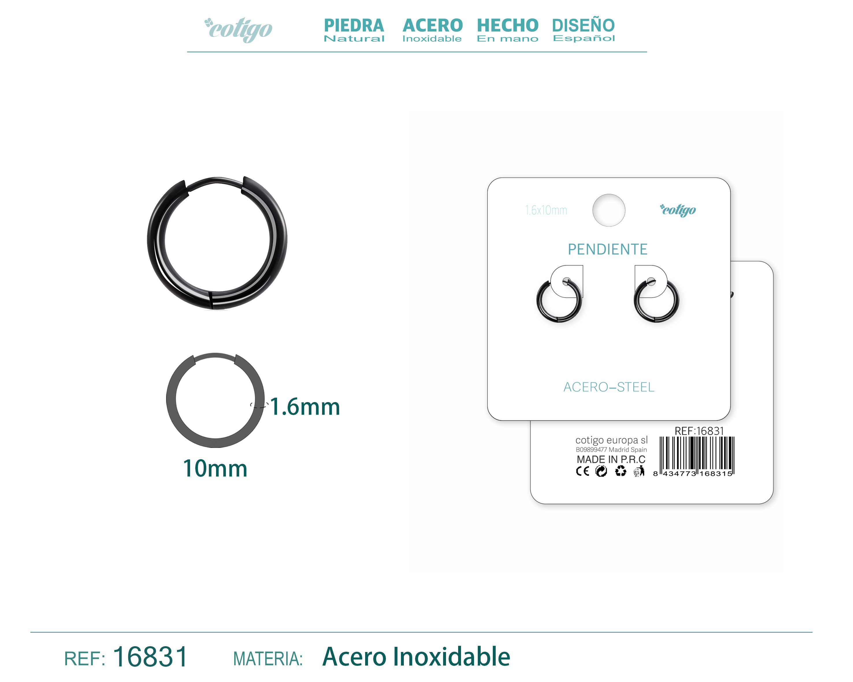 PENDIENTE ARO ACERO 1.6X10 MM NEGRO