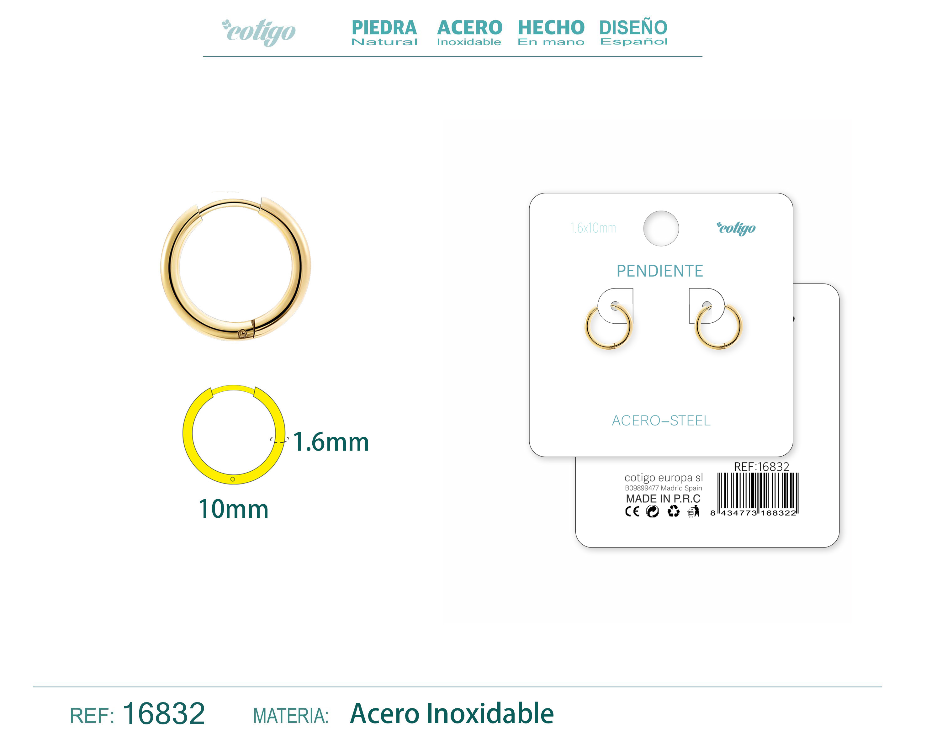 PENDIENTE ARO ACERO 1.6X10 MM DORADO