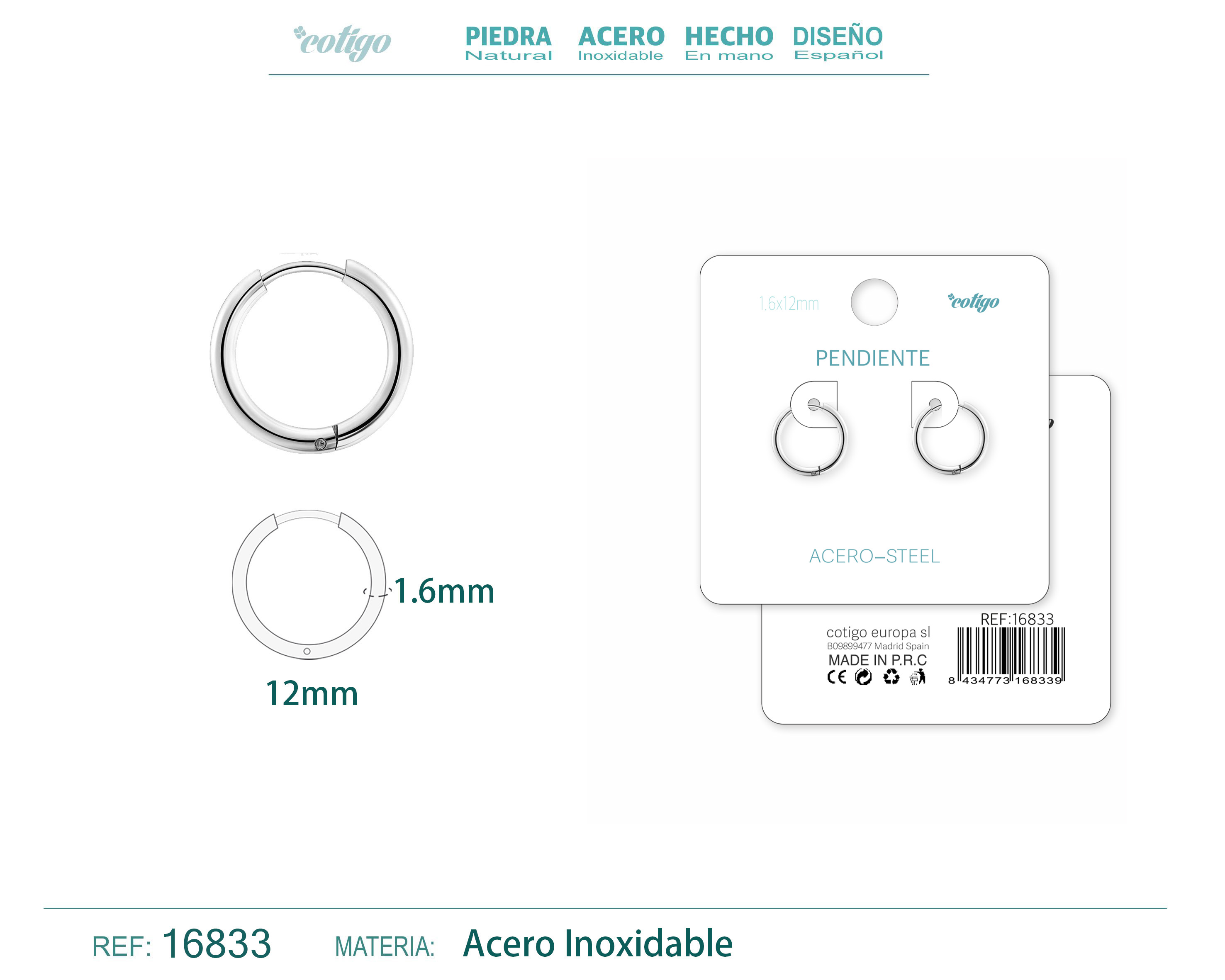 PENDIENTE ARO ACERO 1.6X12 MM PLATEADO
