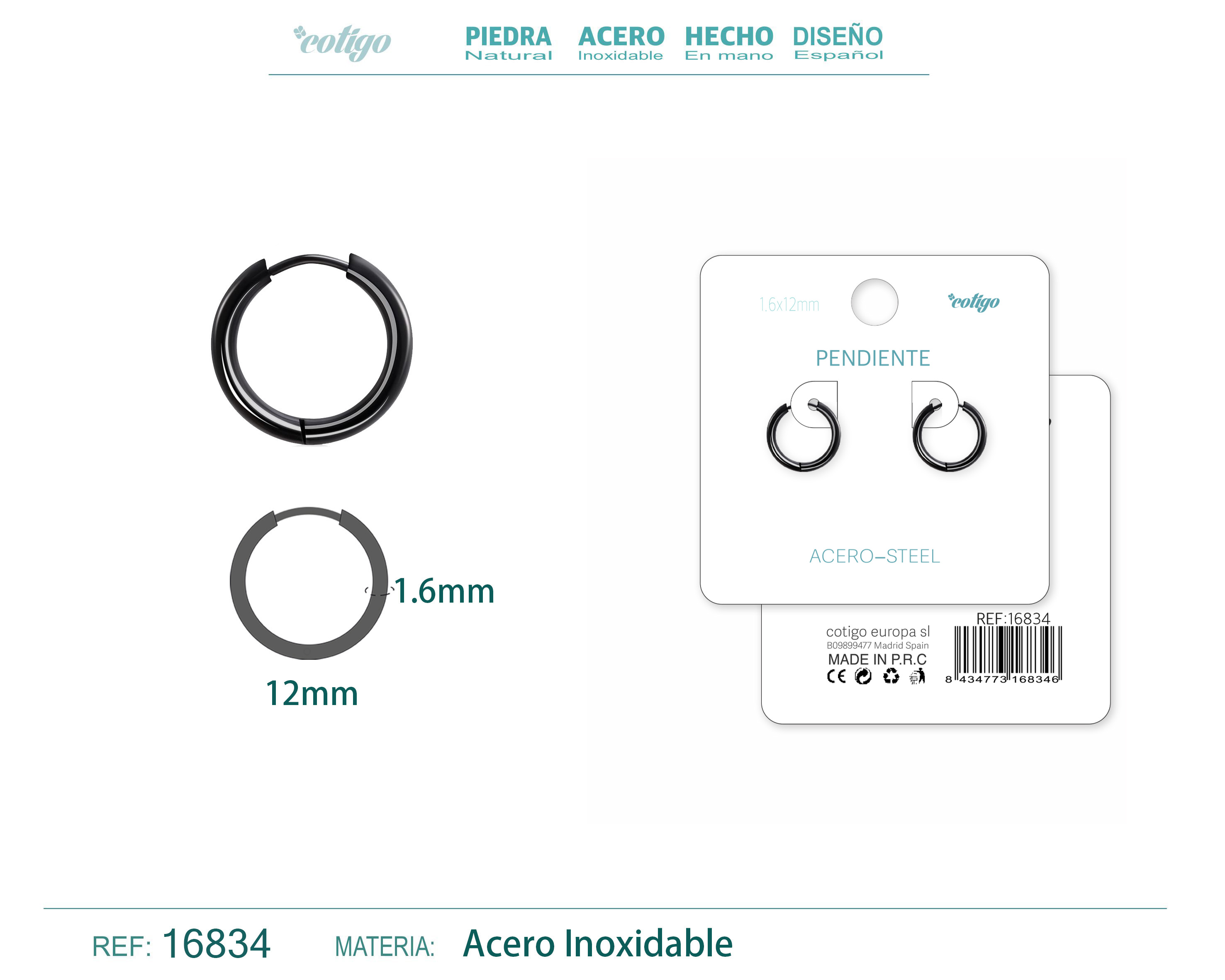 PENDIENTE ARO ACERO 1.6X12 MM NEGRO