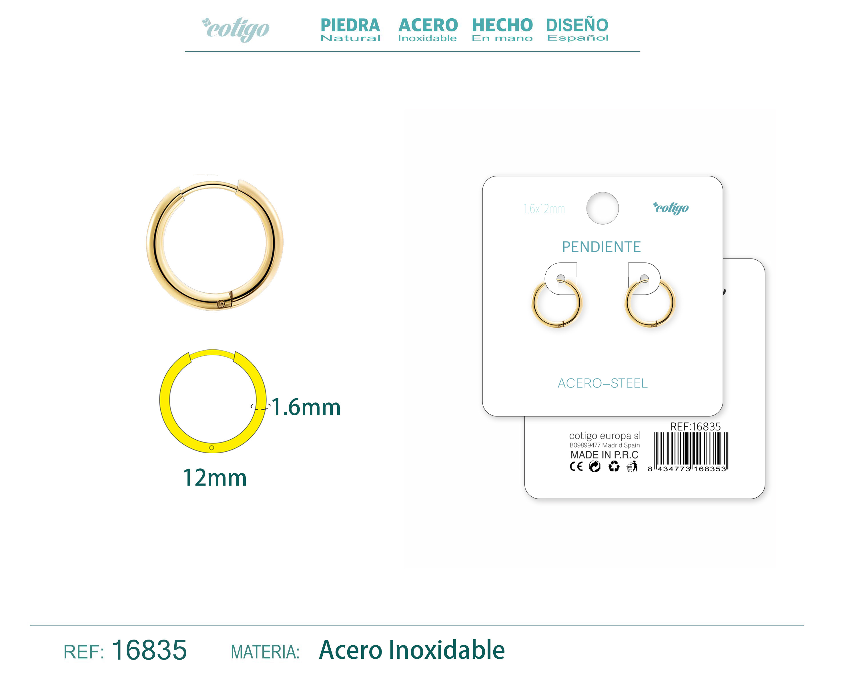 PENDIENTE ARO ACERO 1.6X12 MM DORADO