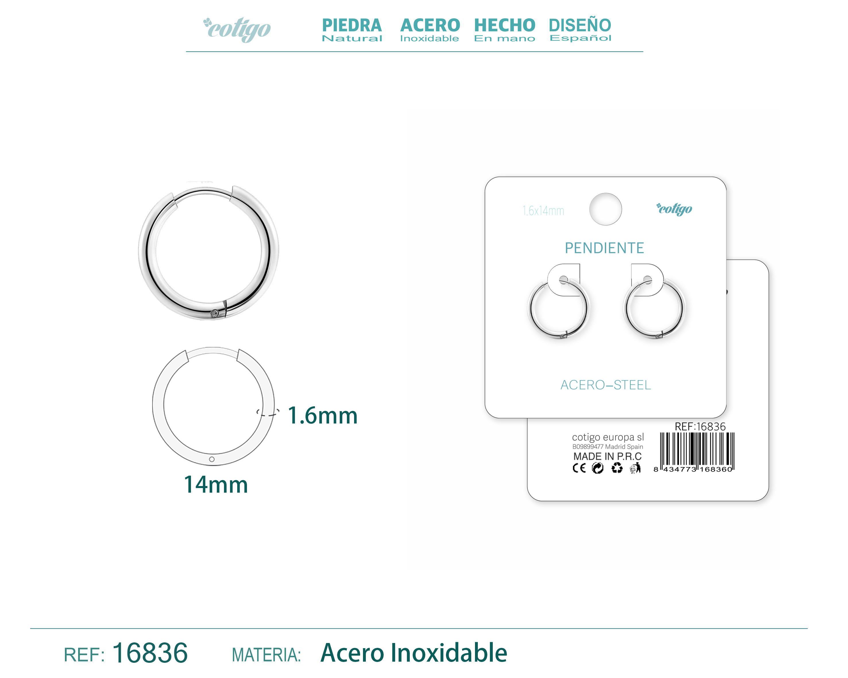 PENDIENTE ARO ACERO 1.6X14 MM PLATEADO
