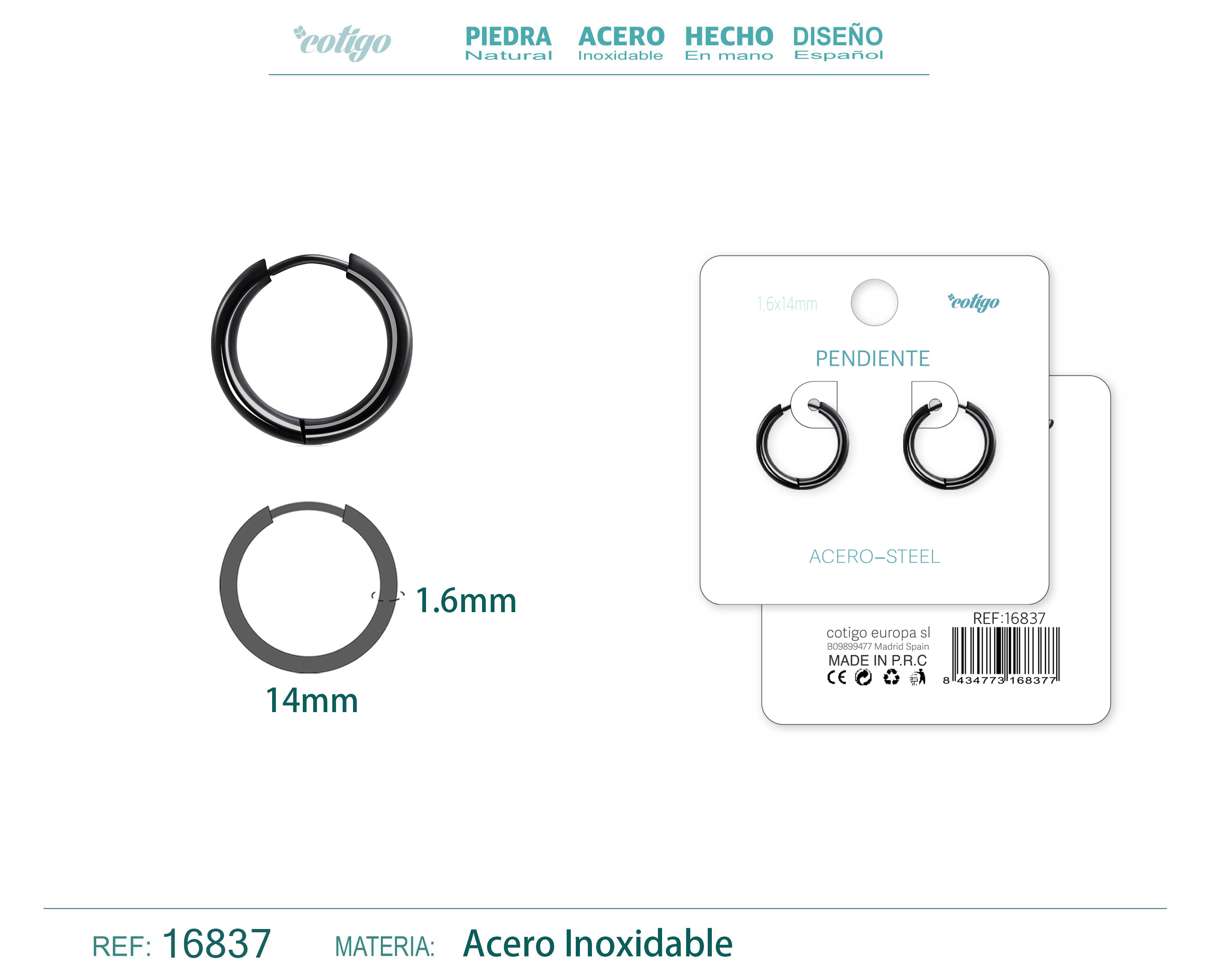 PENDIENTE ARO ACERO 1.6X14 MM NEGRO