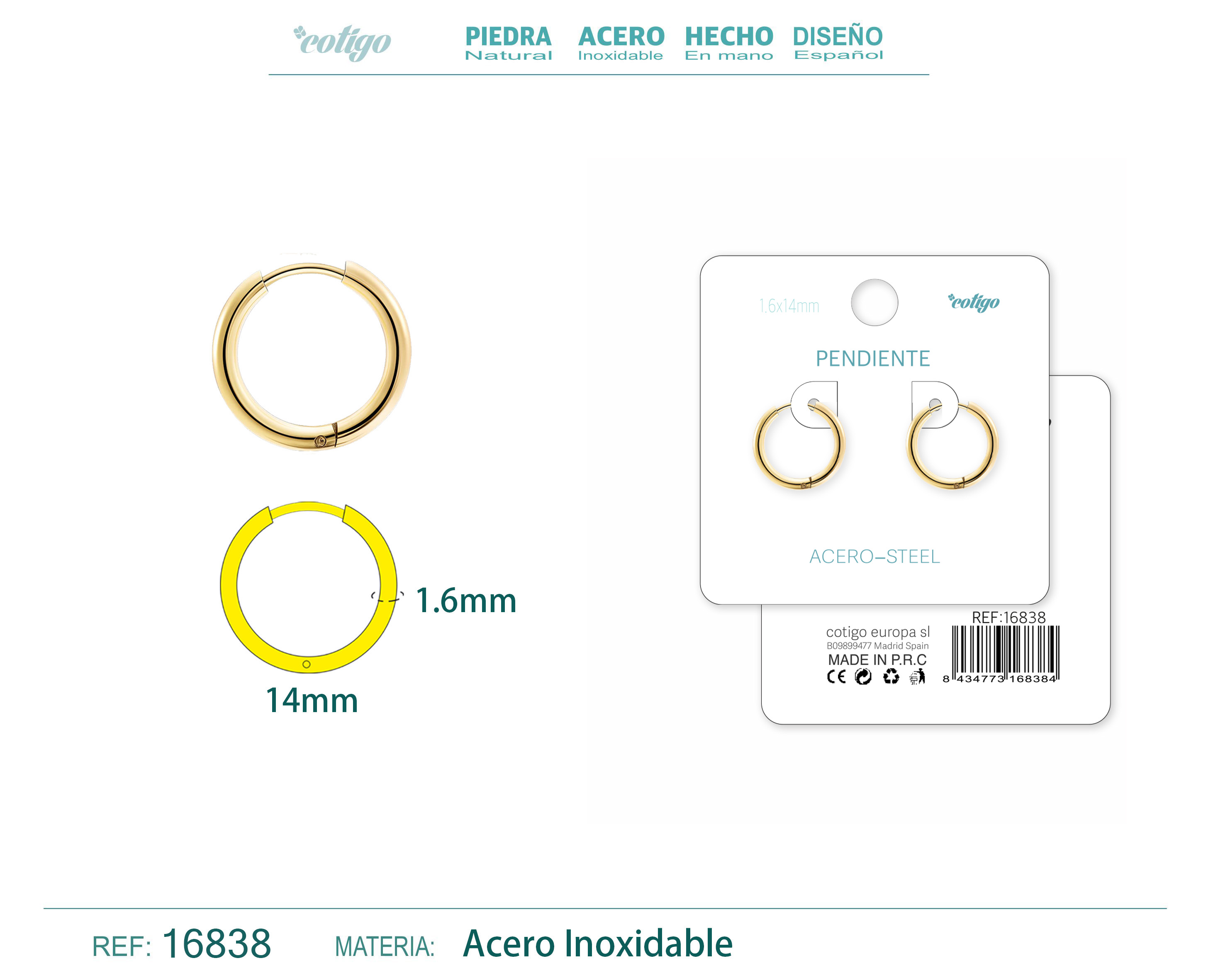 PENDIENTE ARO ACERO 1.6X14 MM DORADO