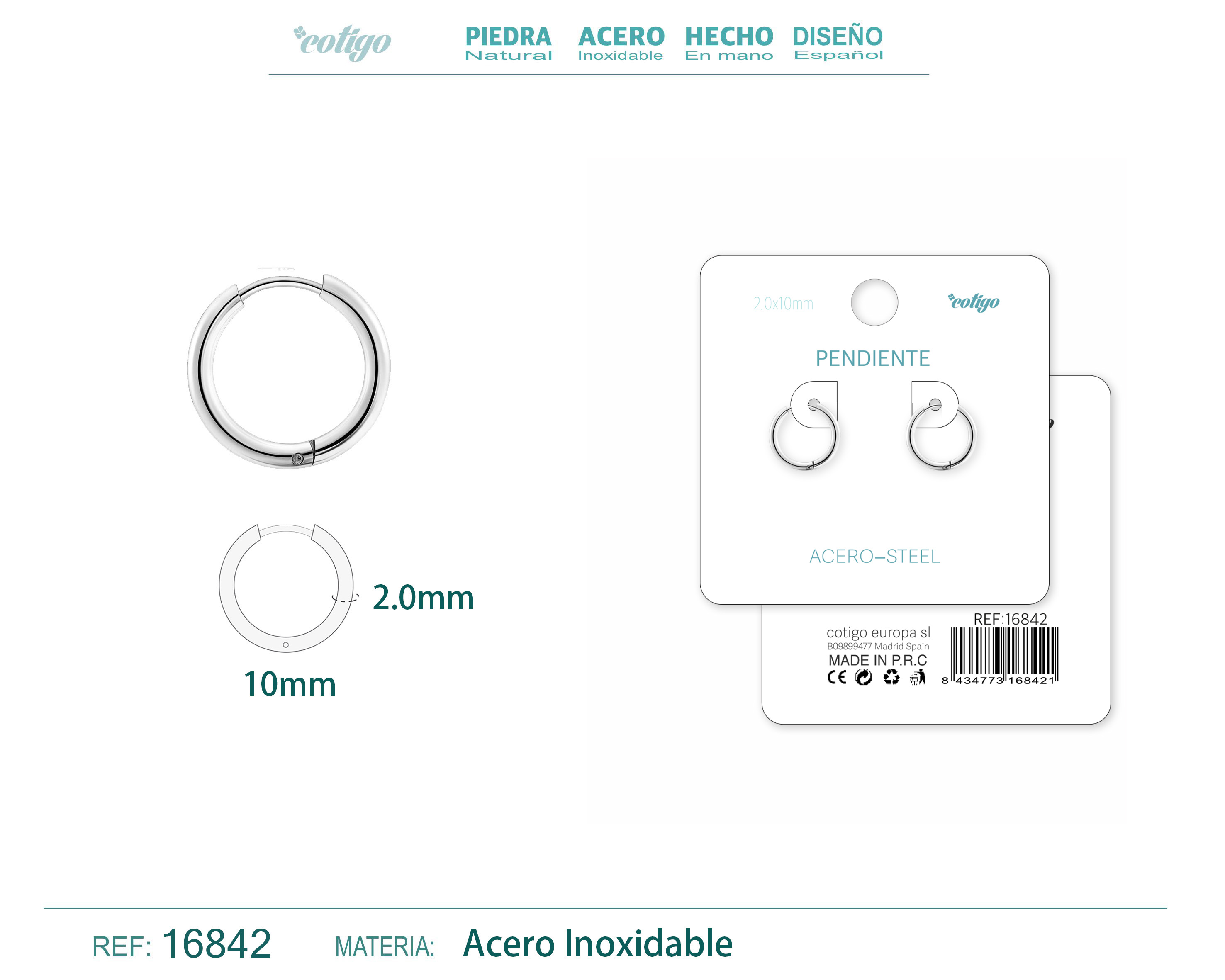 PENDIENTE ARO ACERO 2.0X10 MM PLATEADO