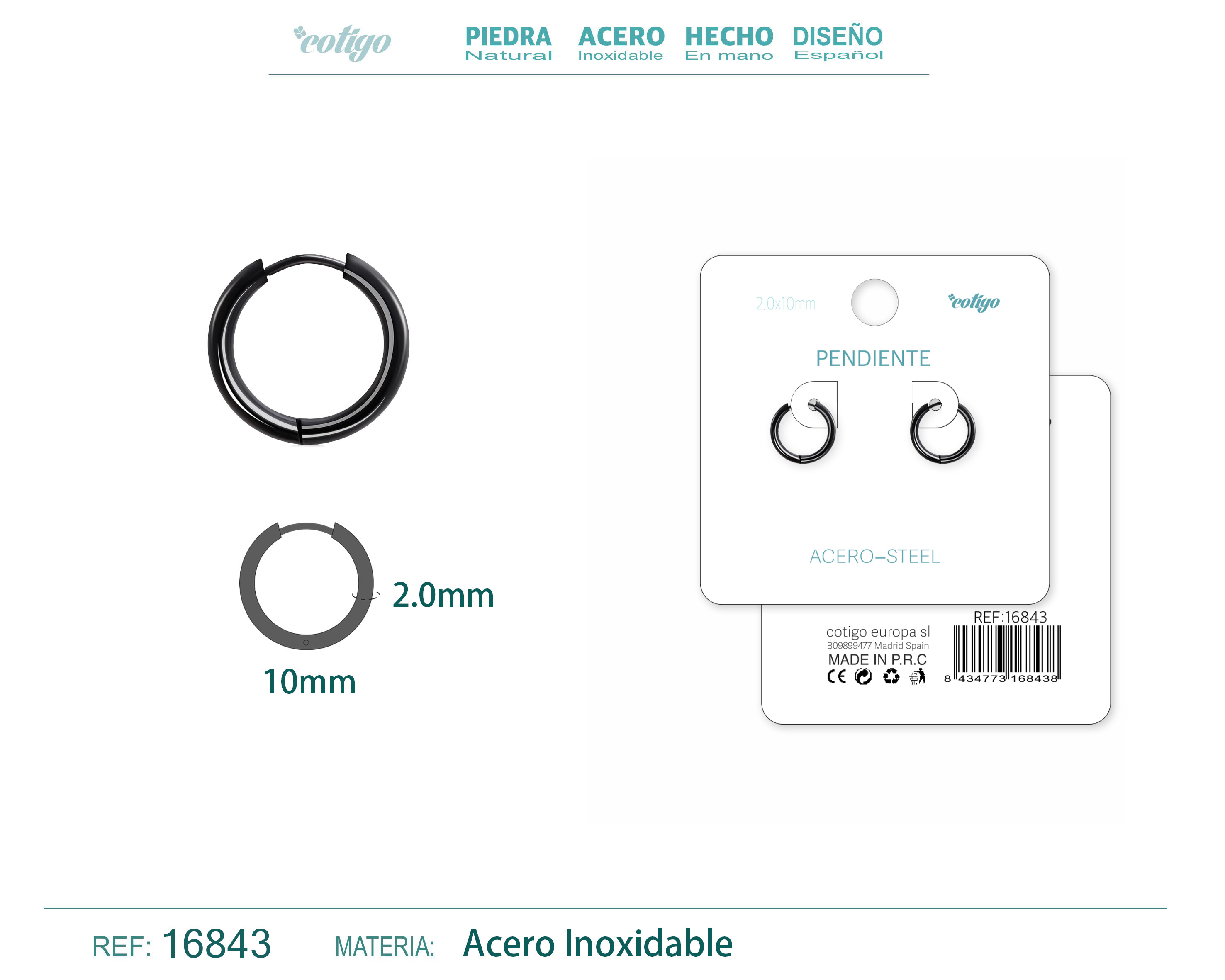 PENDIENTE ARO ACERO 2.0X10 MM NEGRO