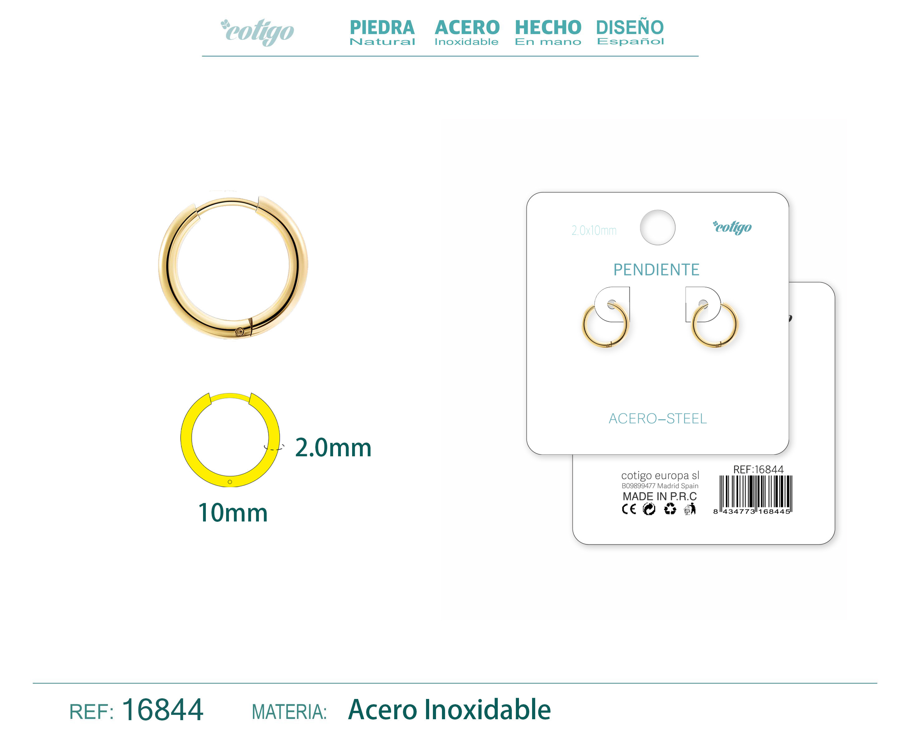 PENDIENTE ARO ACERO 2.0X10 MM DORADO
