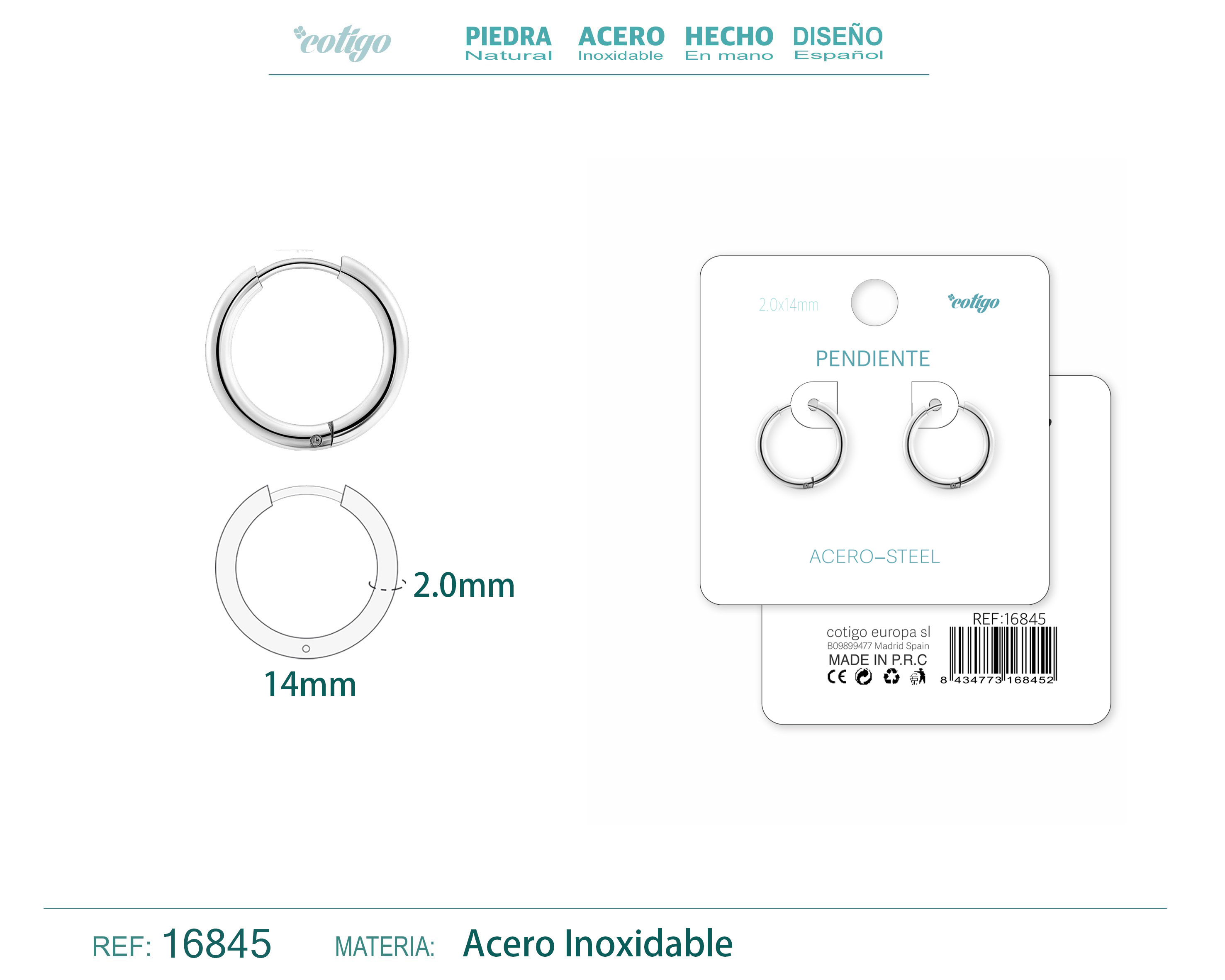 PENDIENTE ARO ACERO 2.0X14 MM PLATEADO