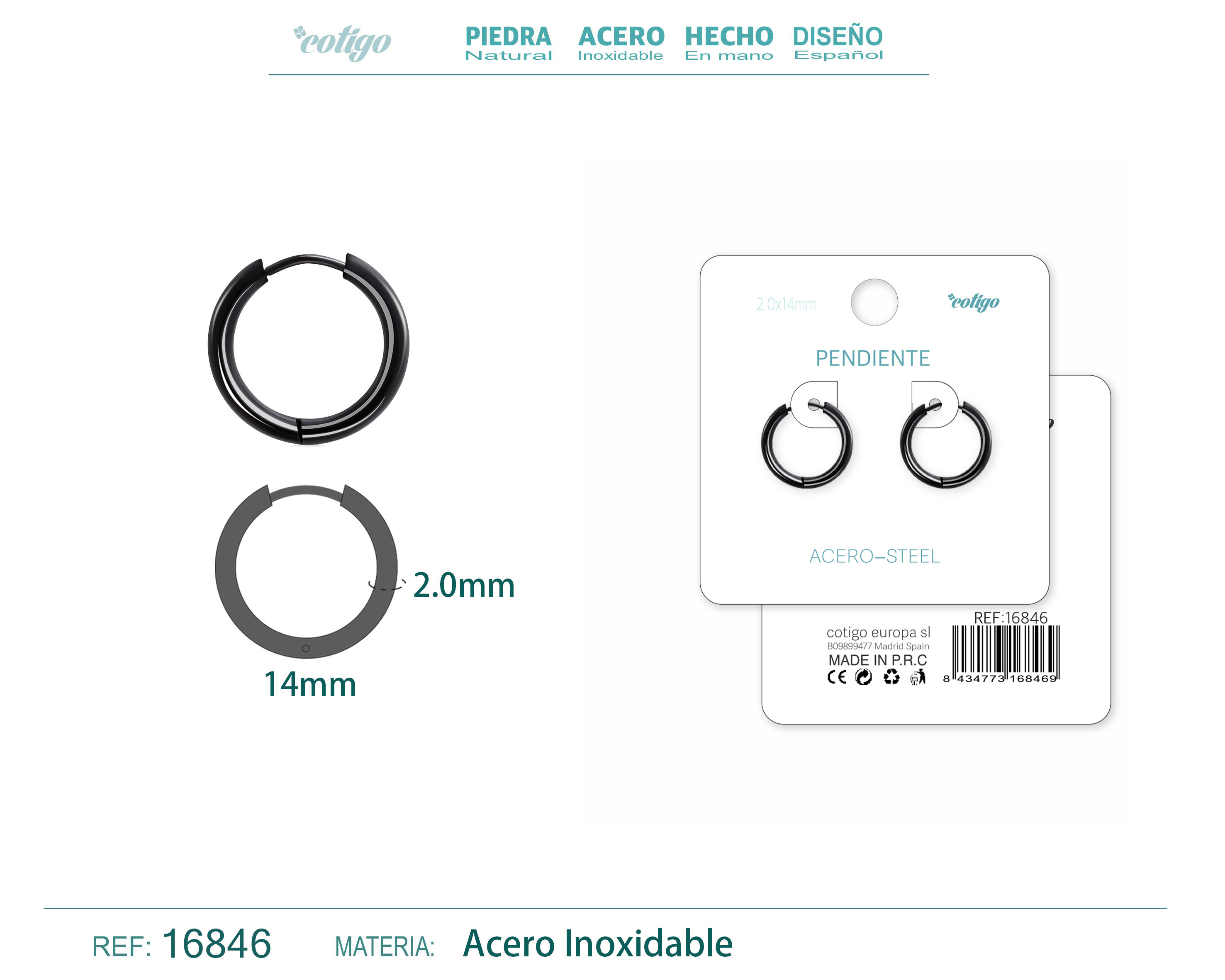 PENDIENTE ARO ACERO 2.0X14 MM NEGRO