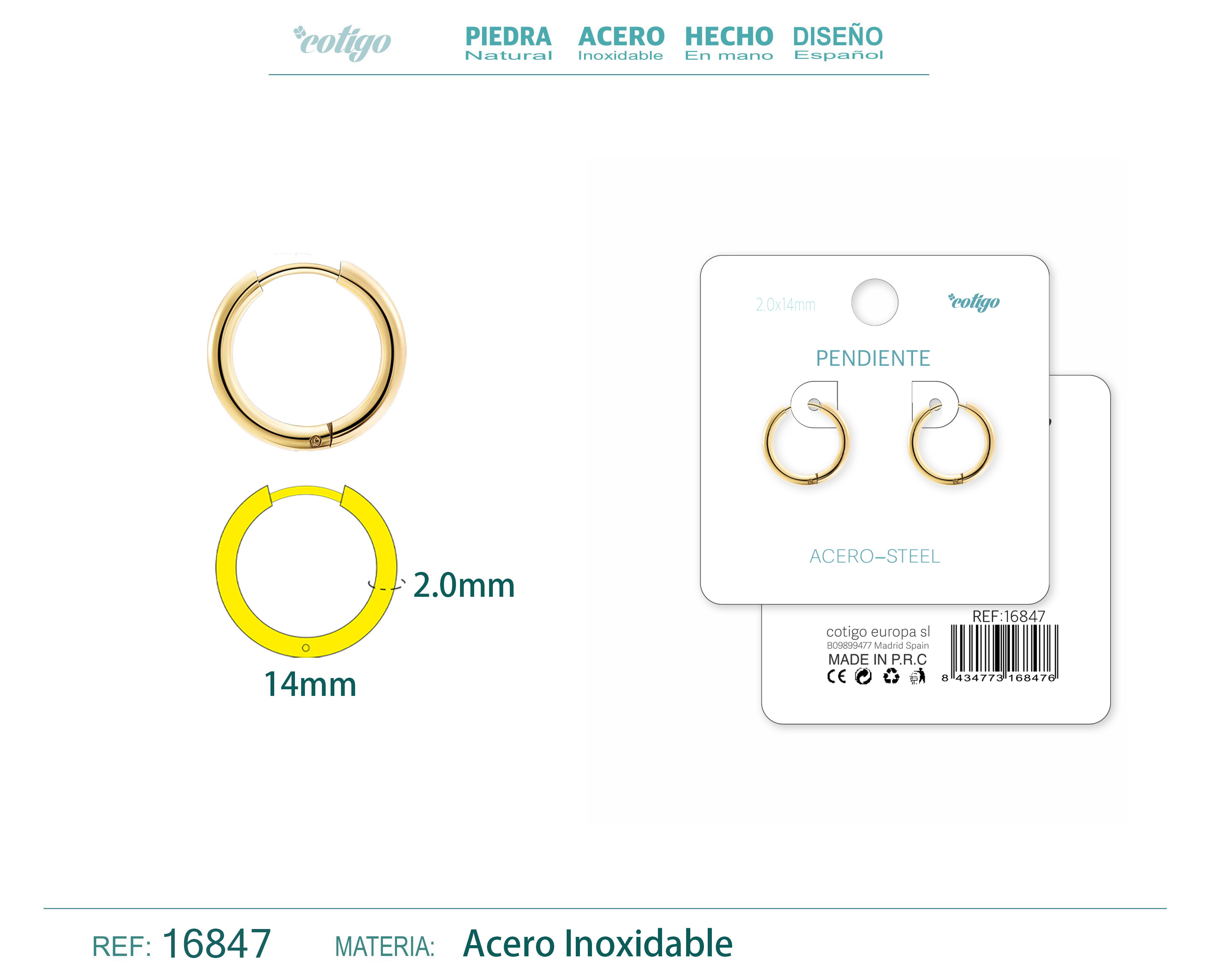 PENDIENTE ARO ACERO 2.0X14 MM DORADO