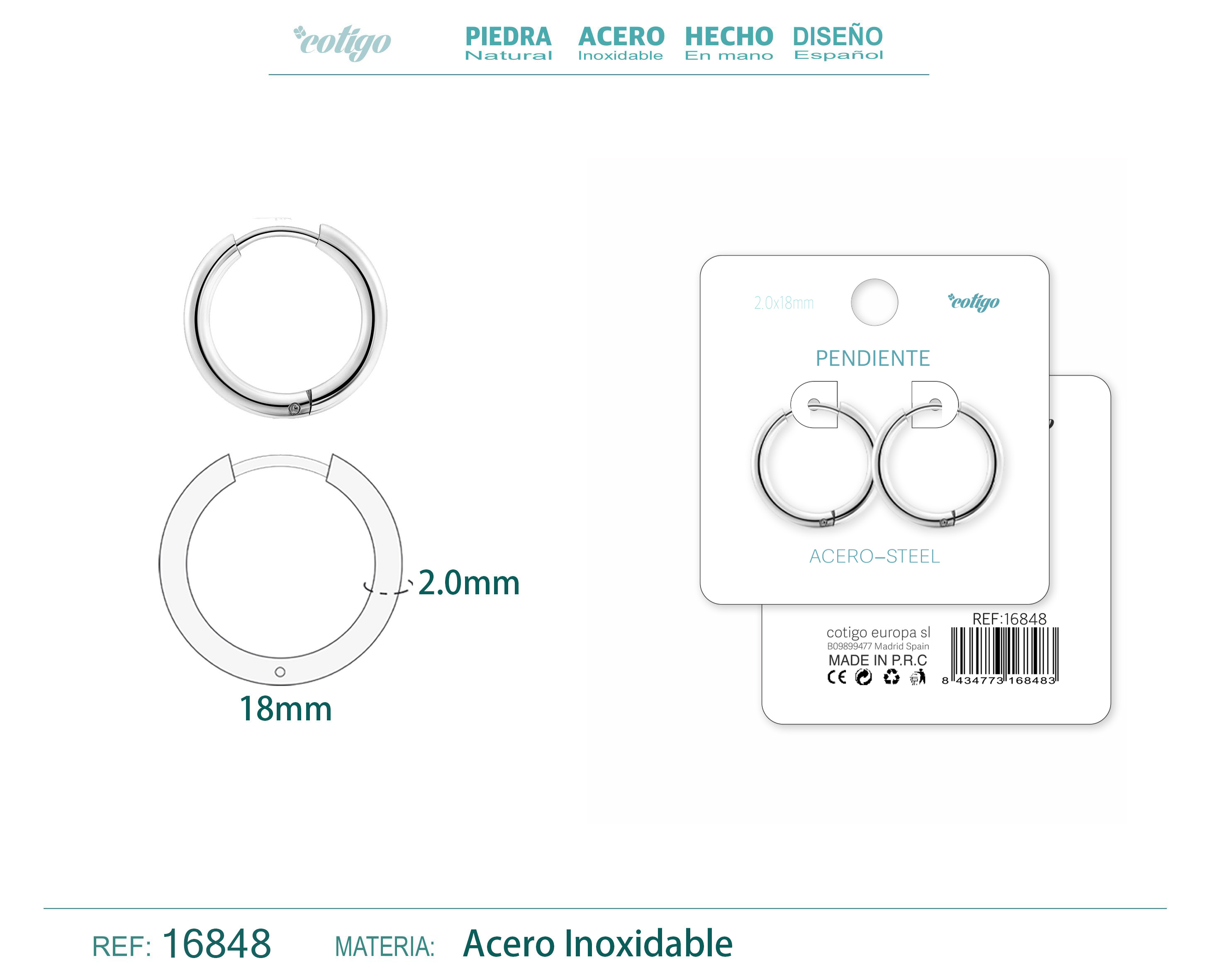 PENDIENTE ARO ACERO 2.0X18 MM PLATEADO