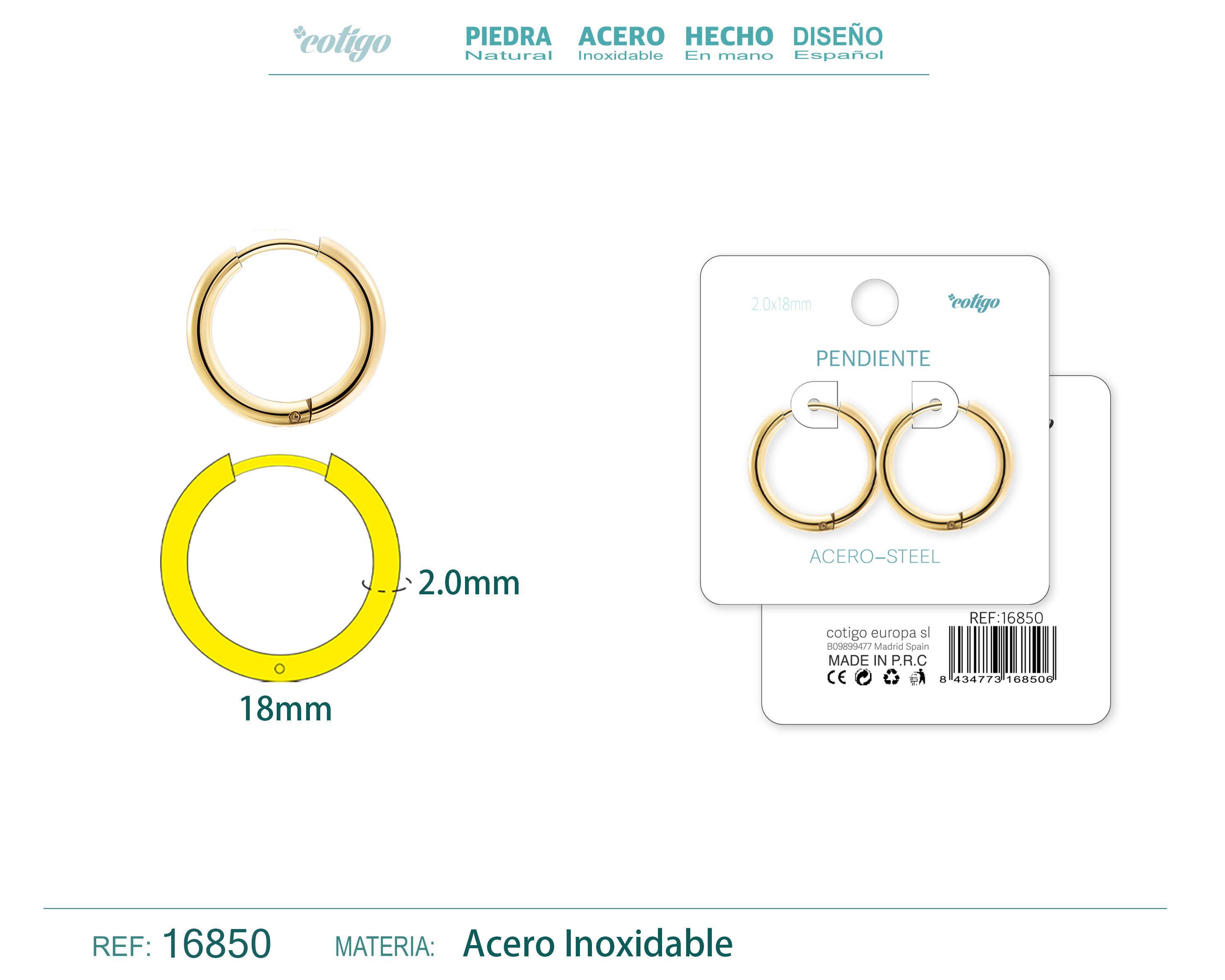 PENDIENTE ARO ACERO 2.0X18 MM DORADO