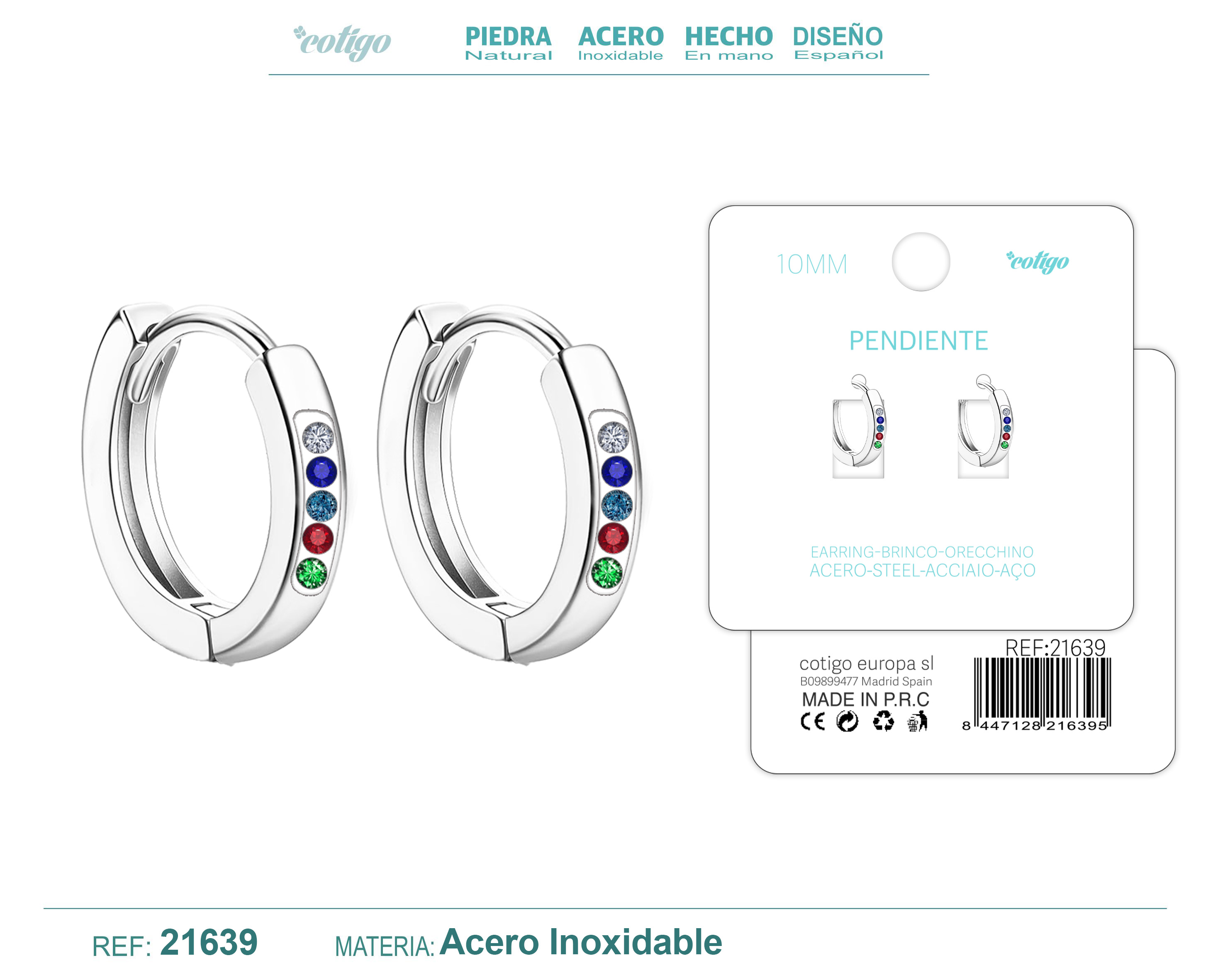 Aro Acero 10mm Plateado con Circonita colores