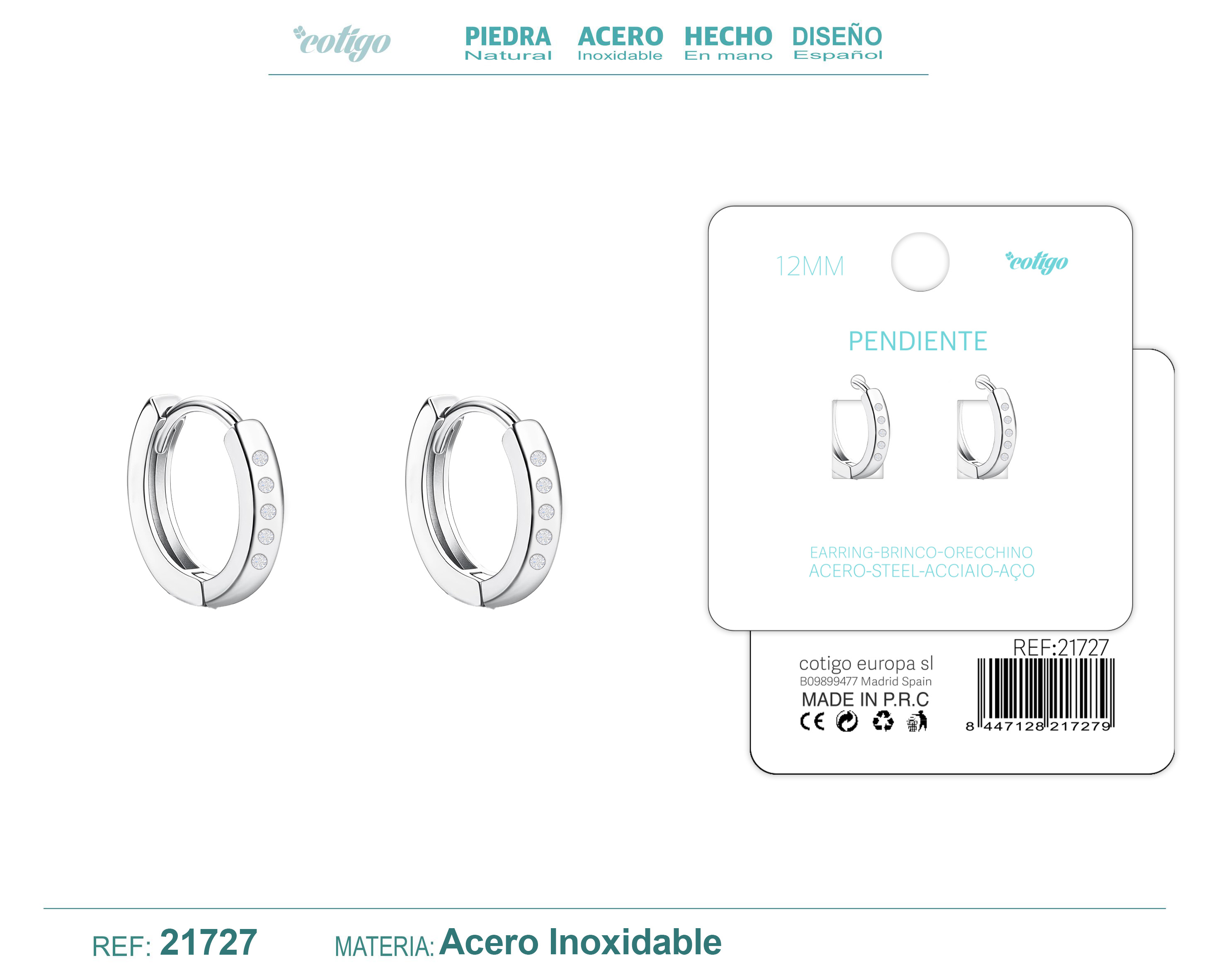 Aro Acero 12mm Plateado con Circonita Transparente