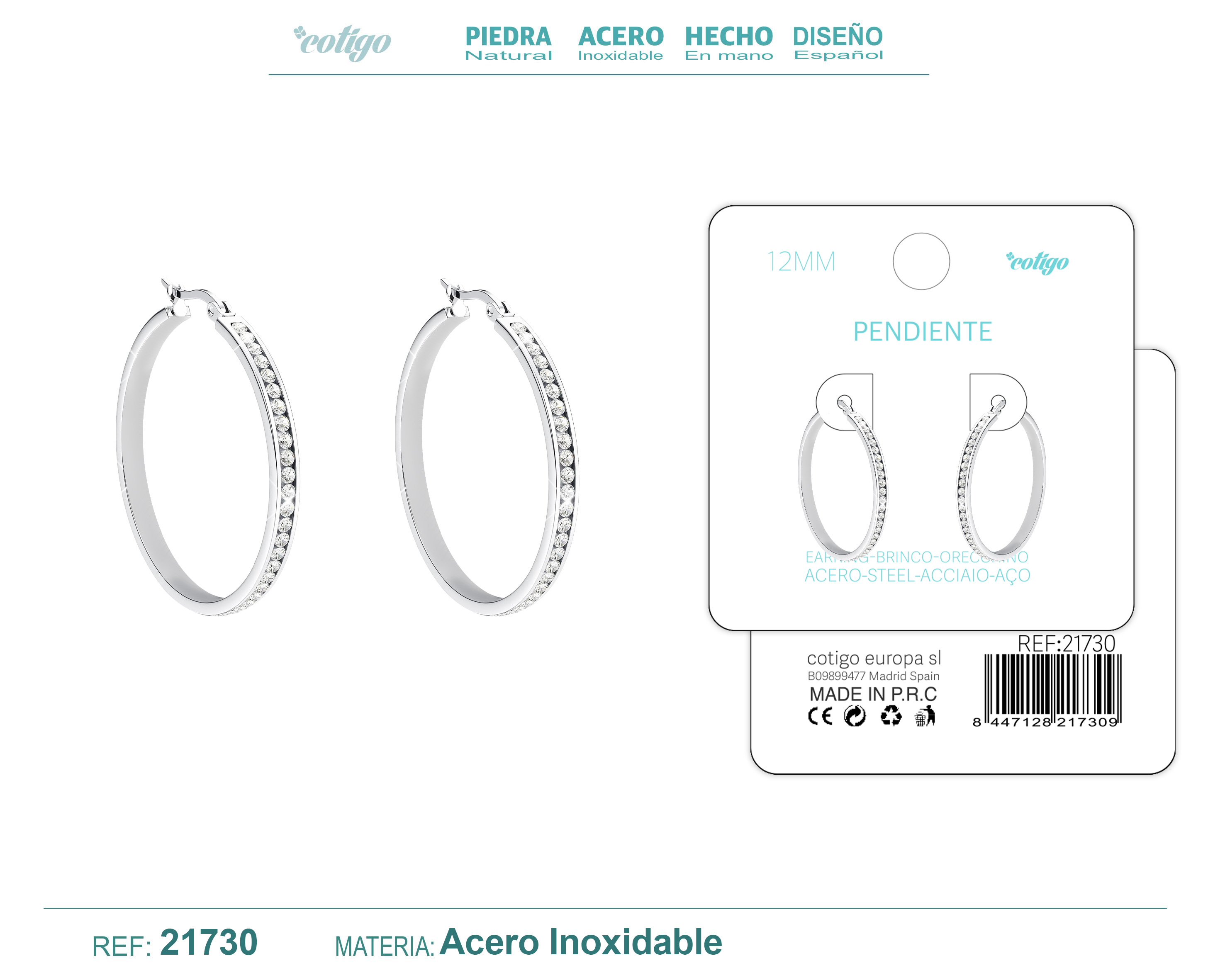 Aro Acero 12mm Plateado con Circonita Transparente