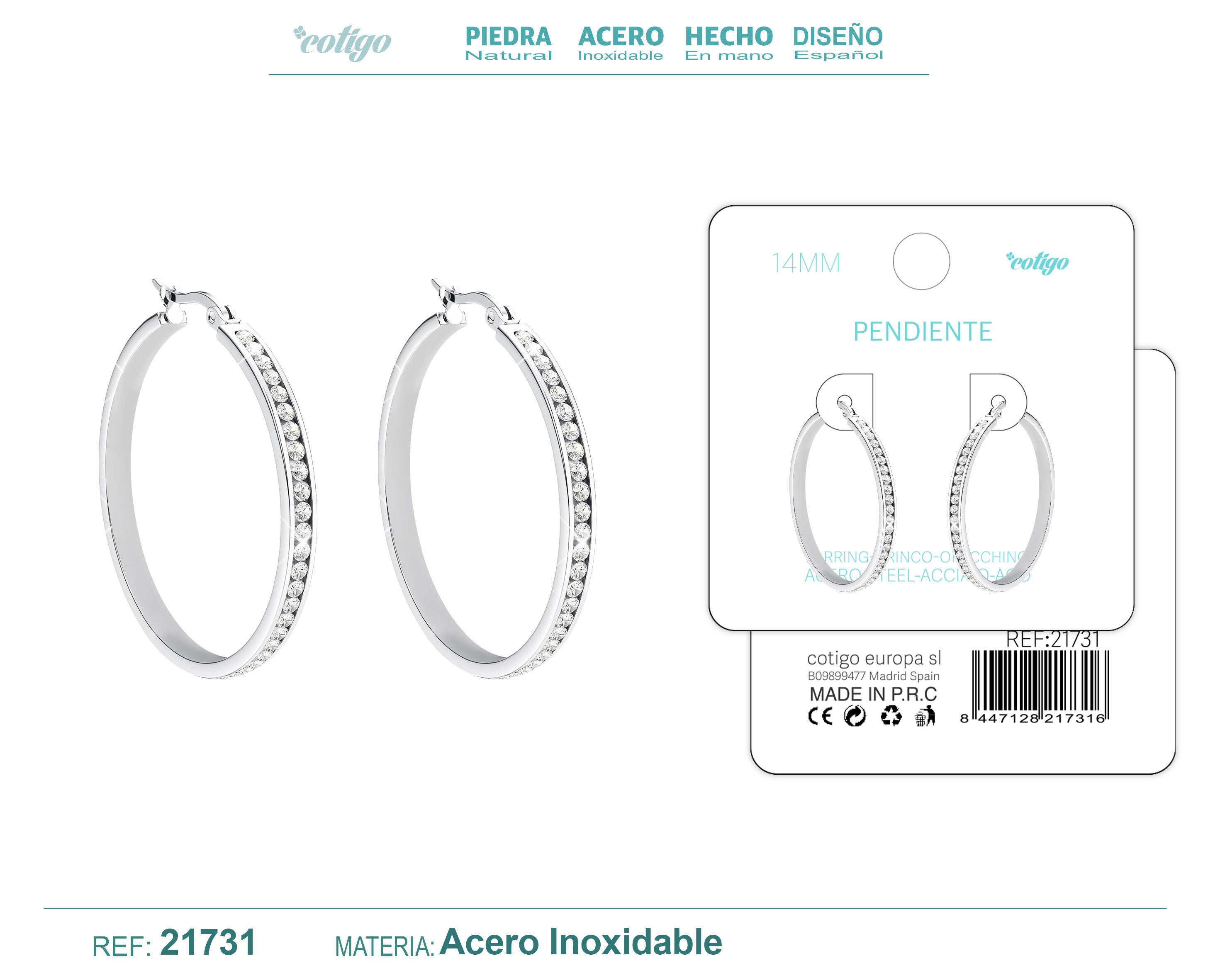 Aro Acero 14mm Plateado con Circonita Transparente