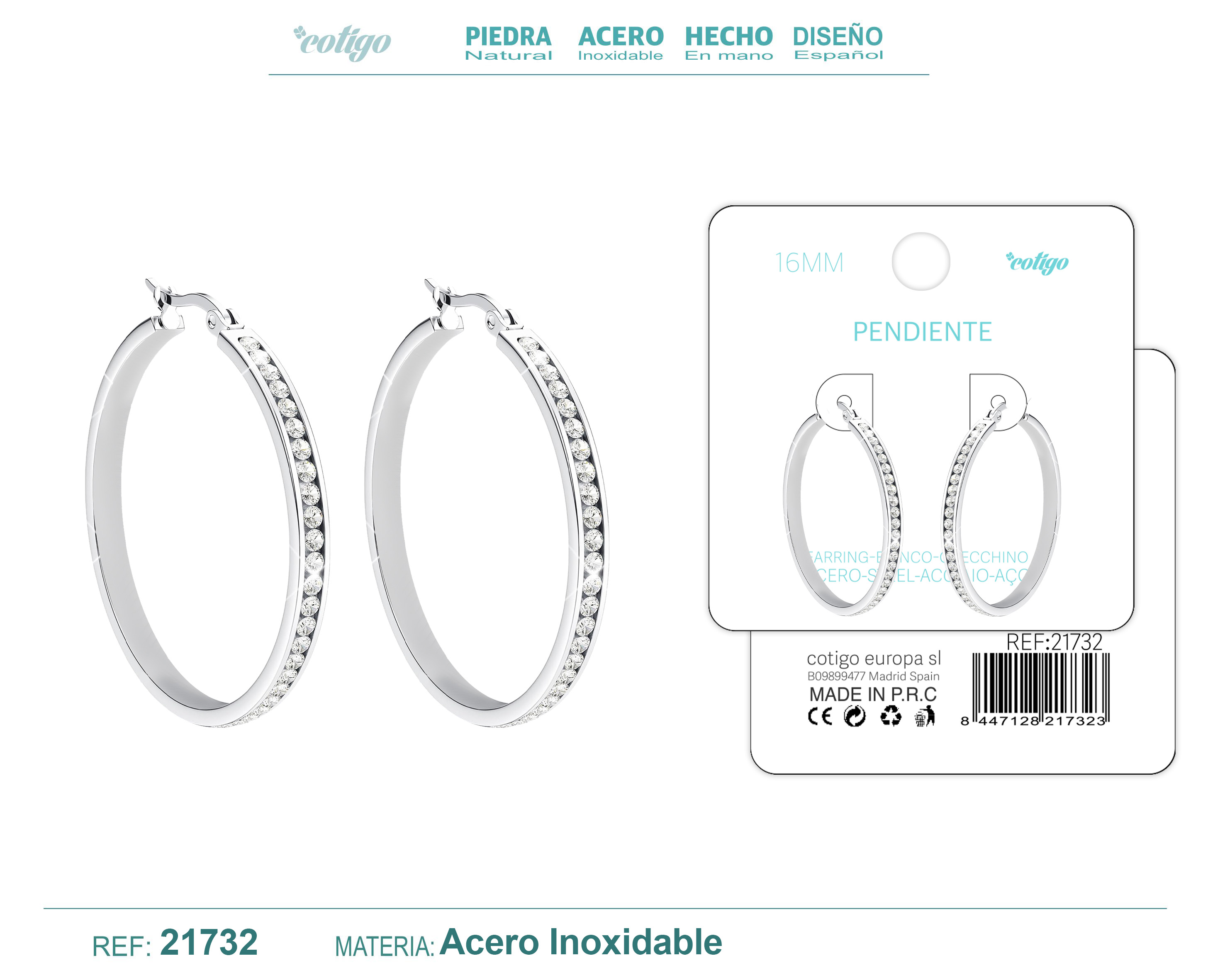 Aro Acero 16mm Plateado con Circonita Transparente