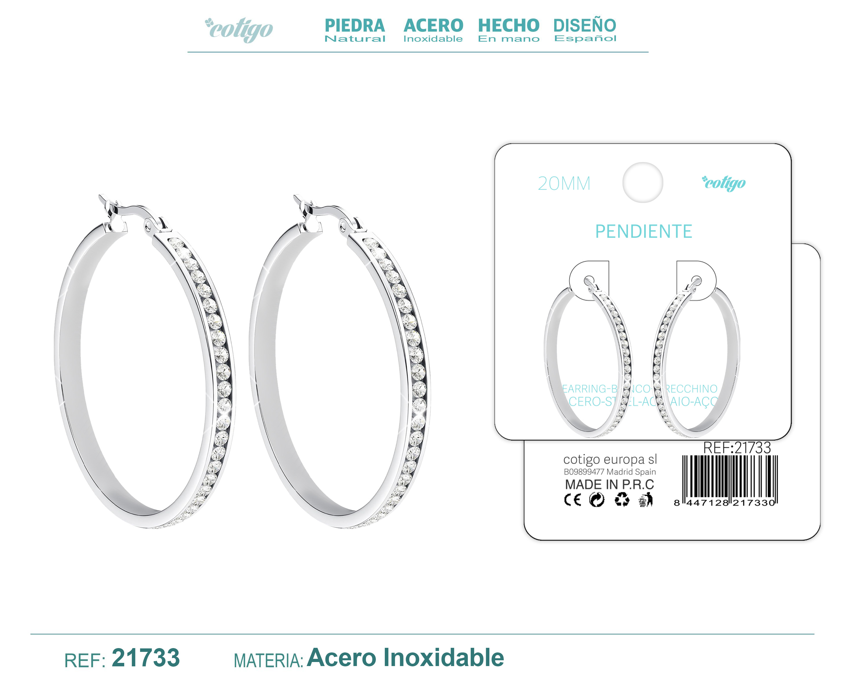 Aro Acero 20mm Plateado con Circonita Transparente