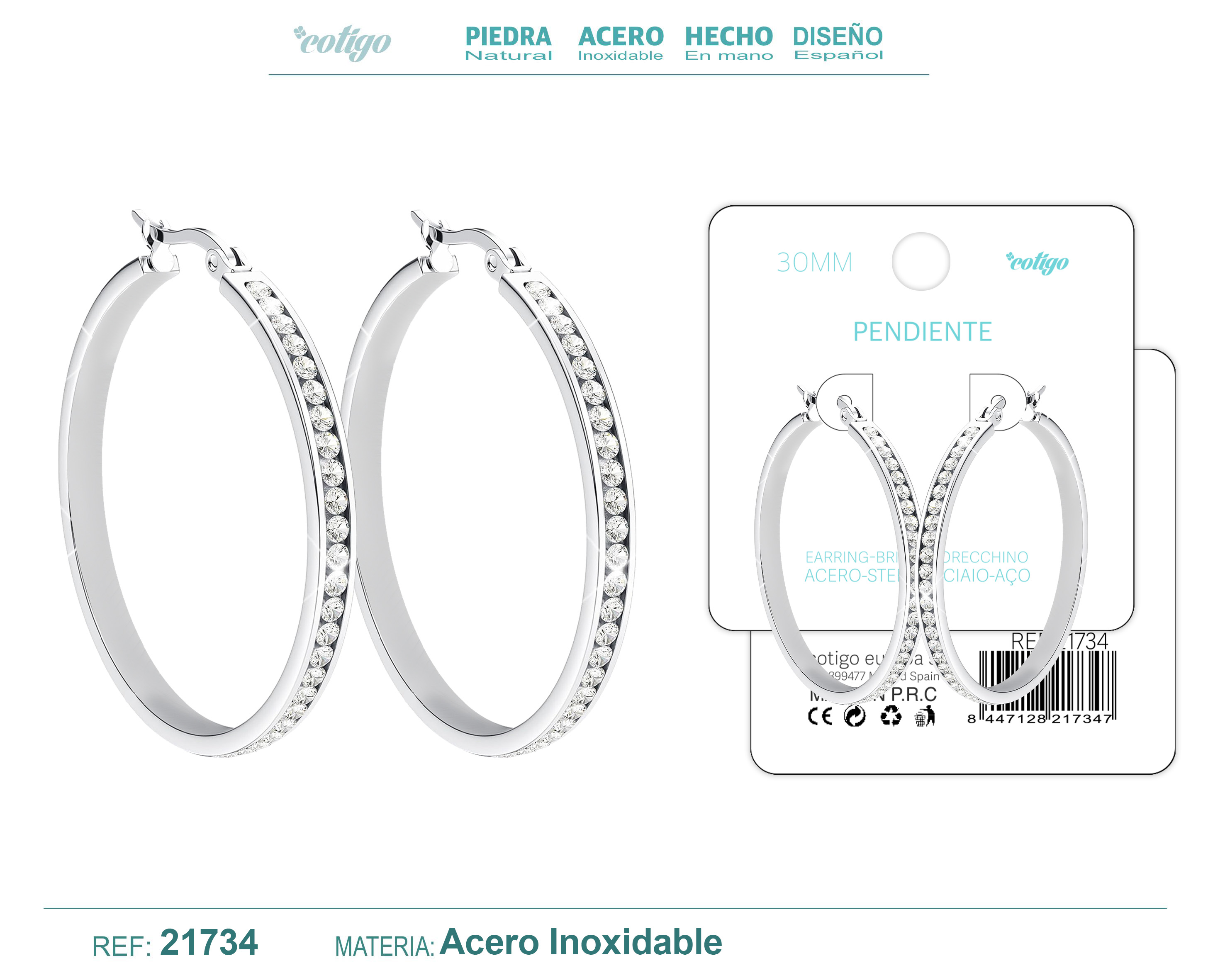 Aro Acero 30mm Plateado con Circonita Transparente
