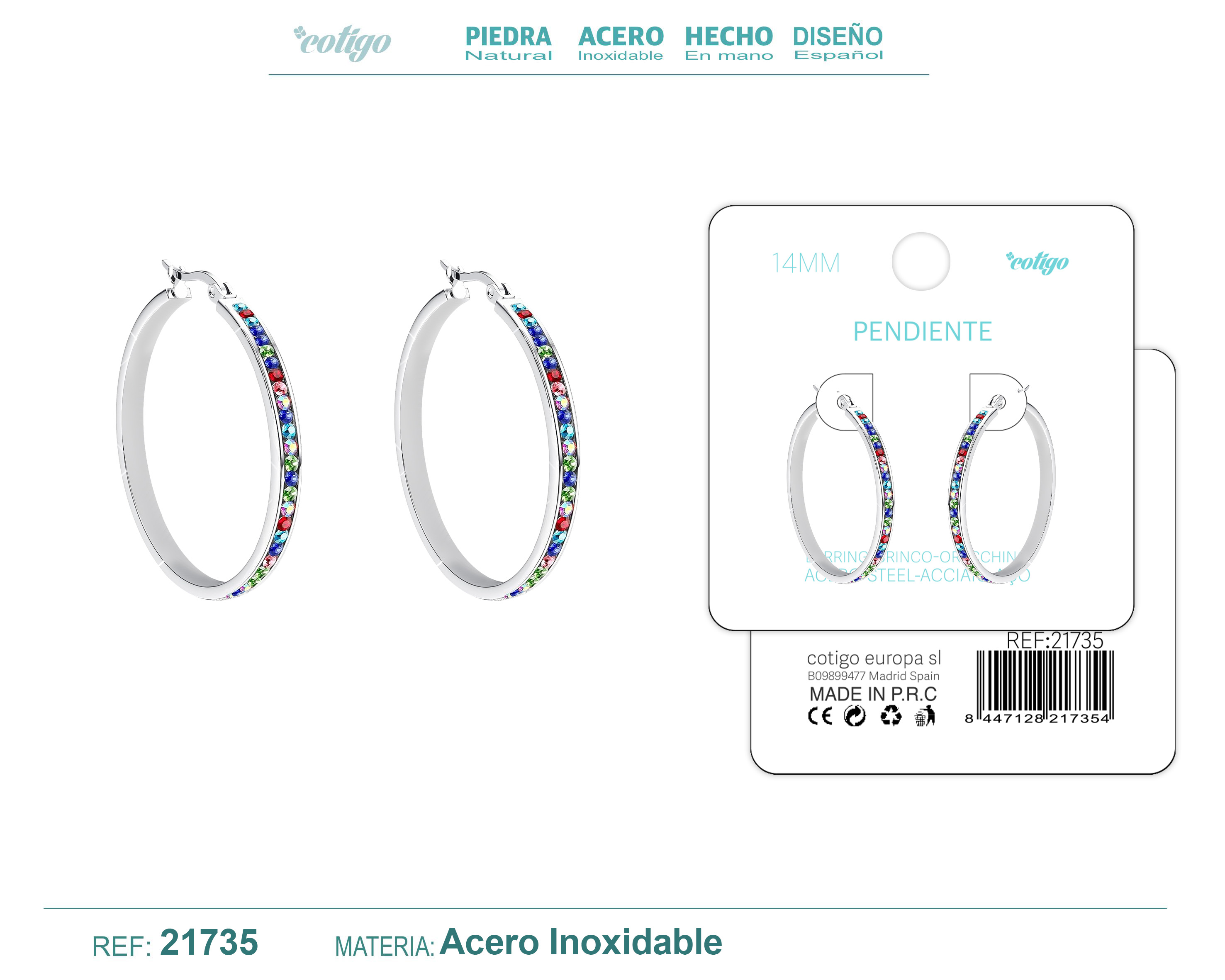 Aro Acero 12mm Plateado con Circonita colores