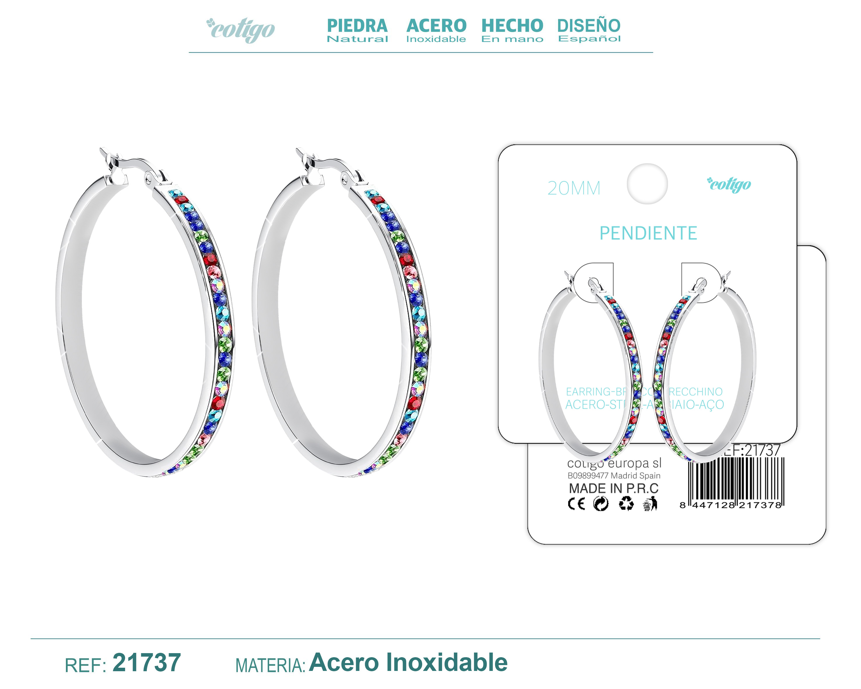 Aro Acero 20mm Plateado con Circonita colores