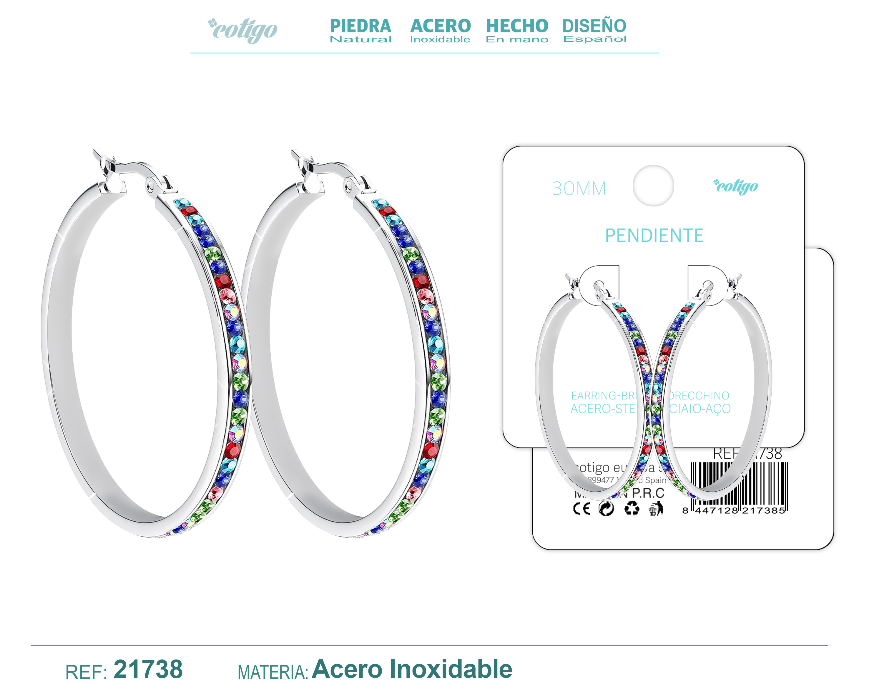 Aro Acero 30mm Plateado con Circonita colores
