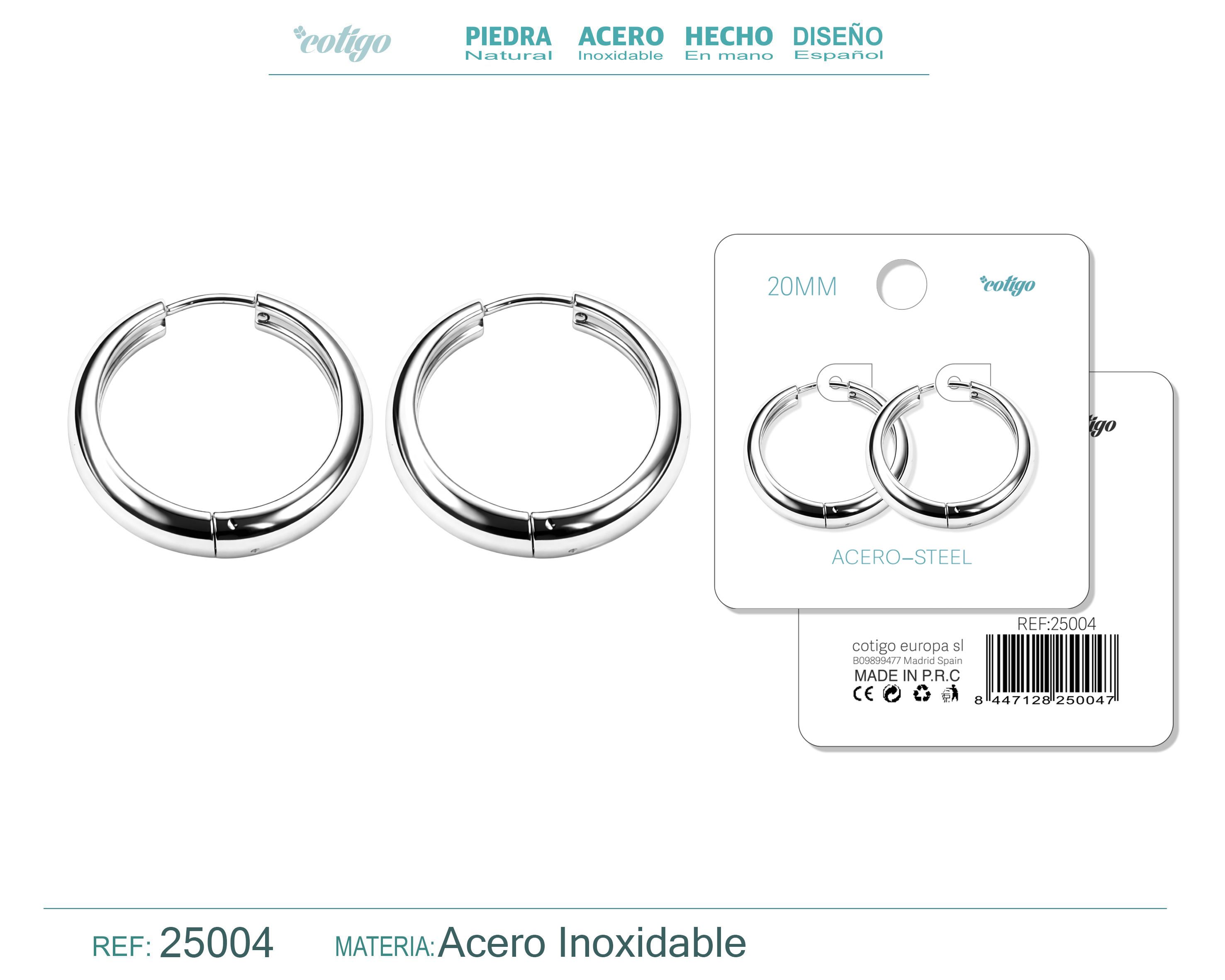 Aro Acero 20mm Color Plateado