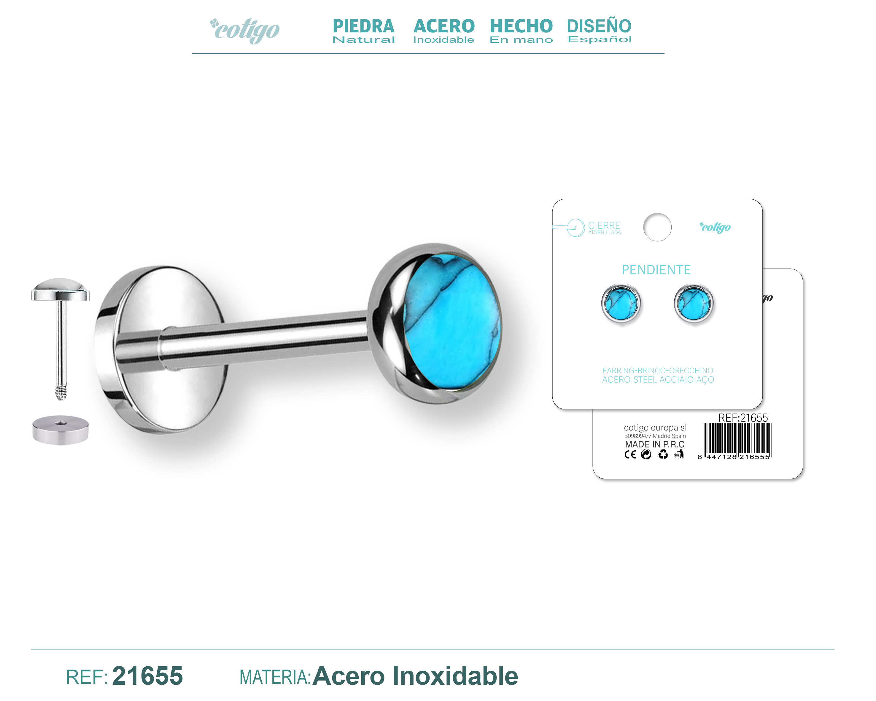 Pendiente Acero color Plateado Con cierre rosca