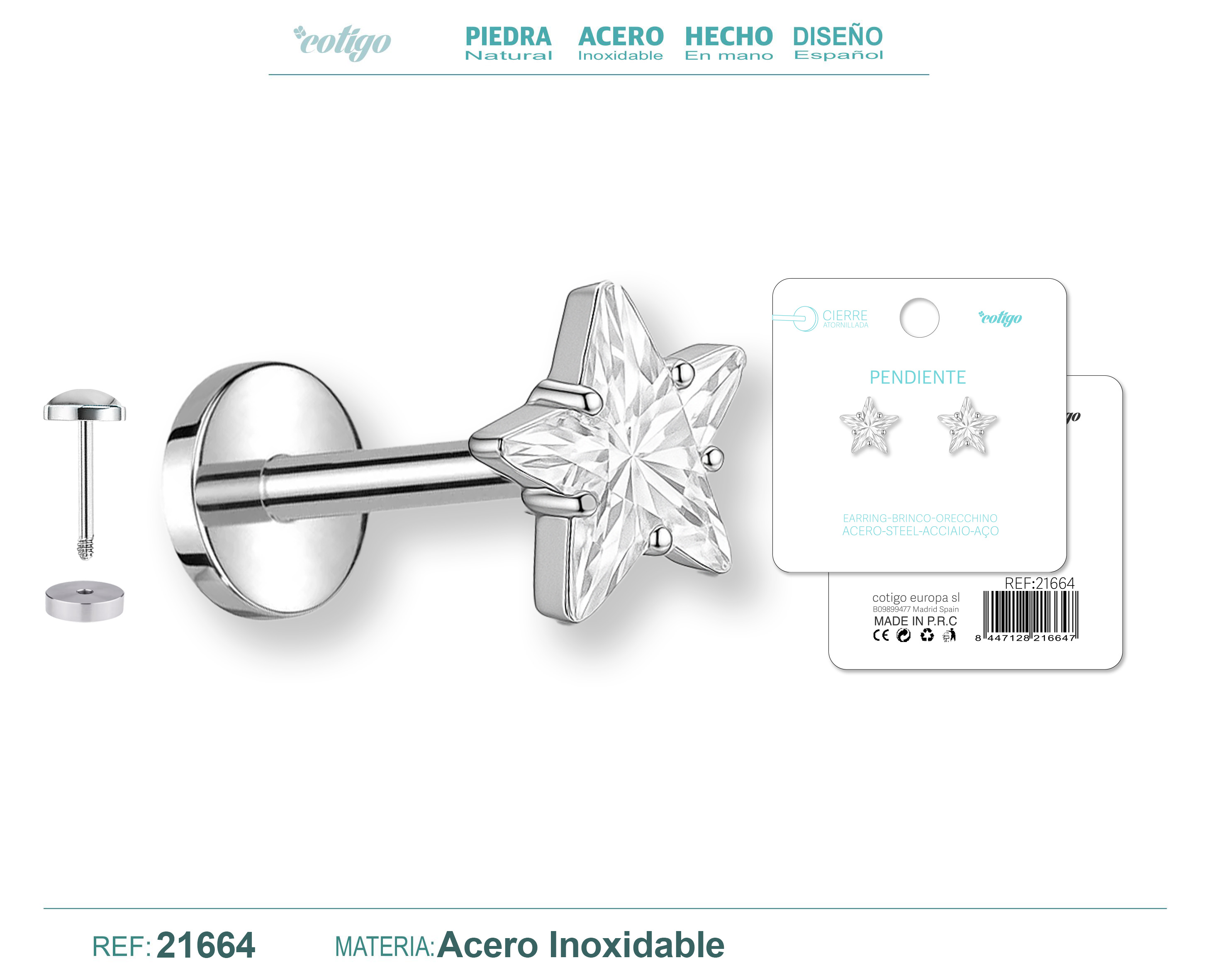 Pendiente Acero color Plateado Con cierre rosca