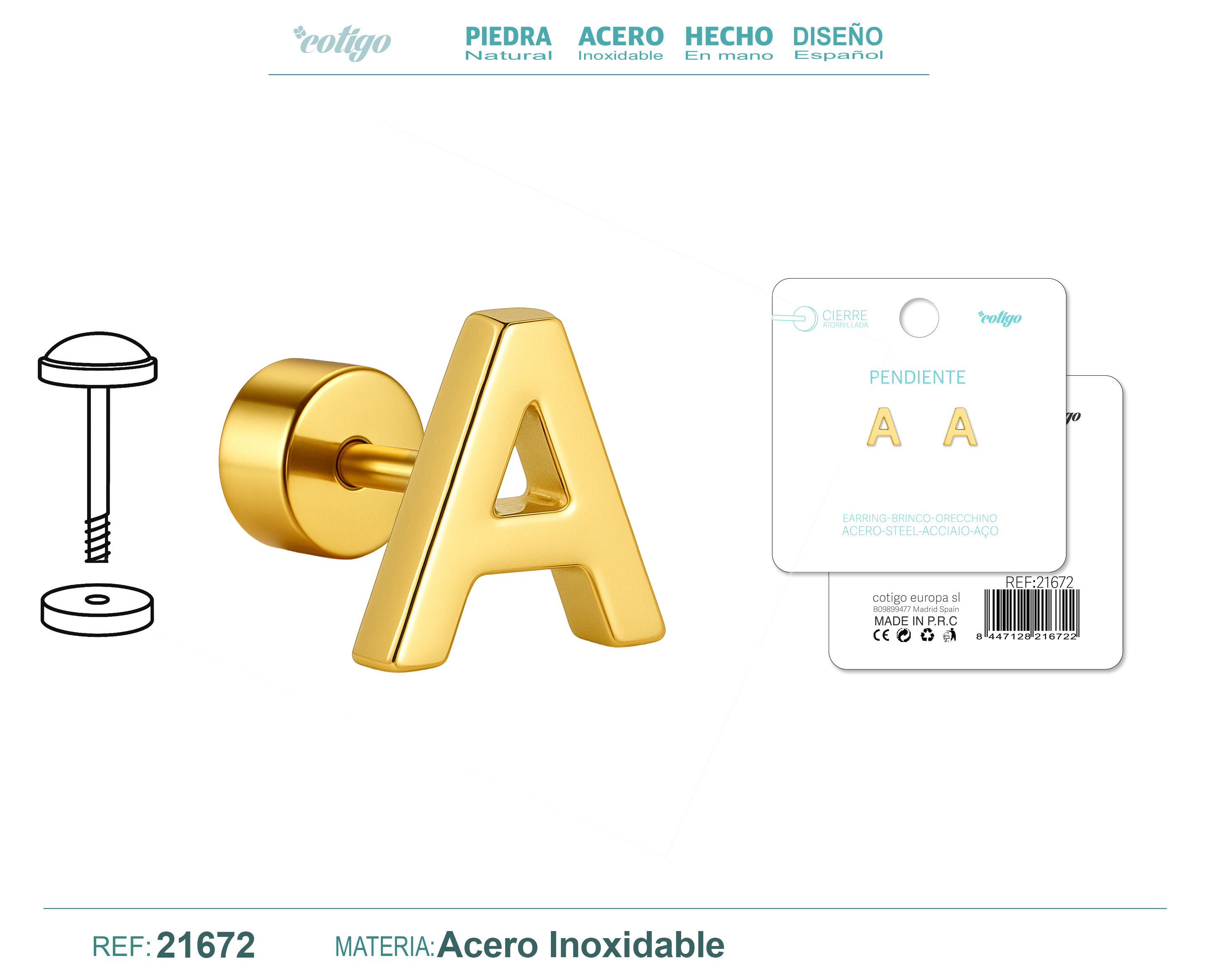 Pendiente Acero Letra A color Dorado Con cierre rosca