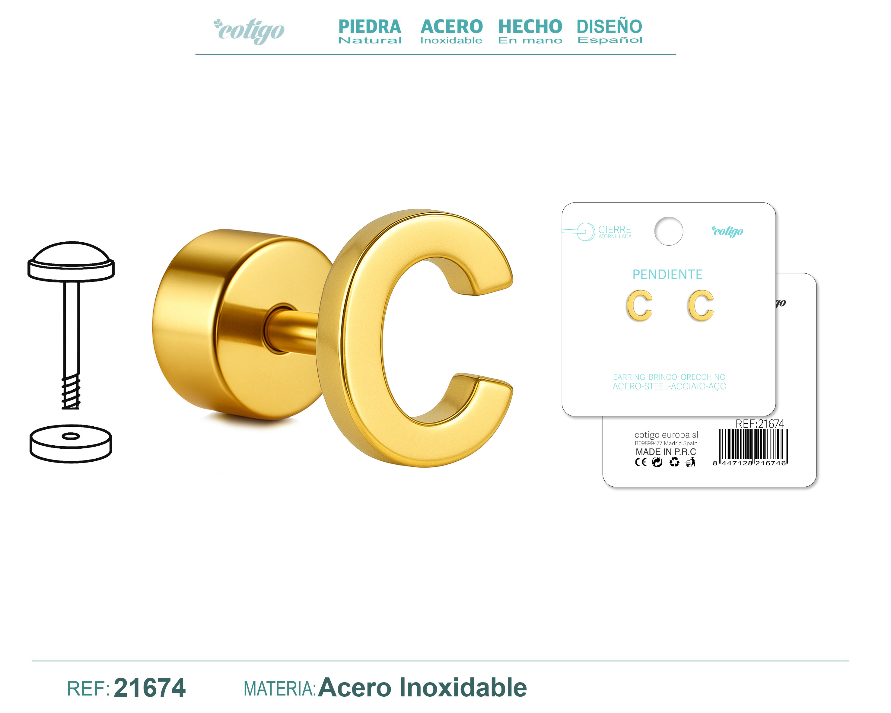 Pendiente Acero Letra C color Dorado Con cierre rosca