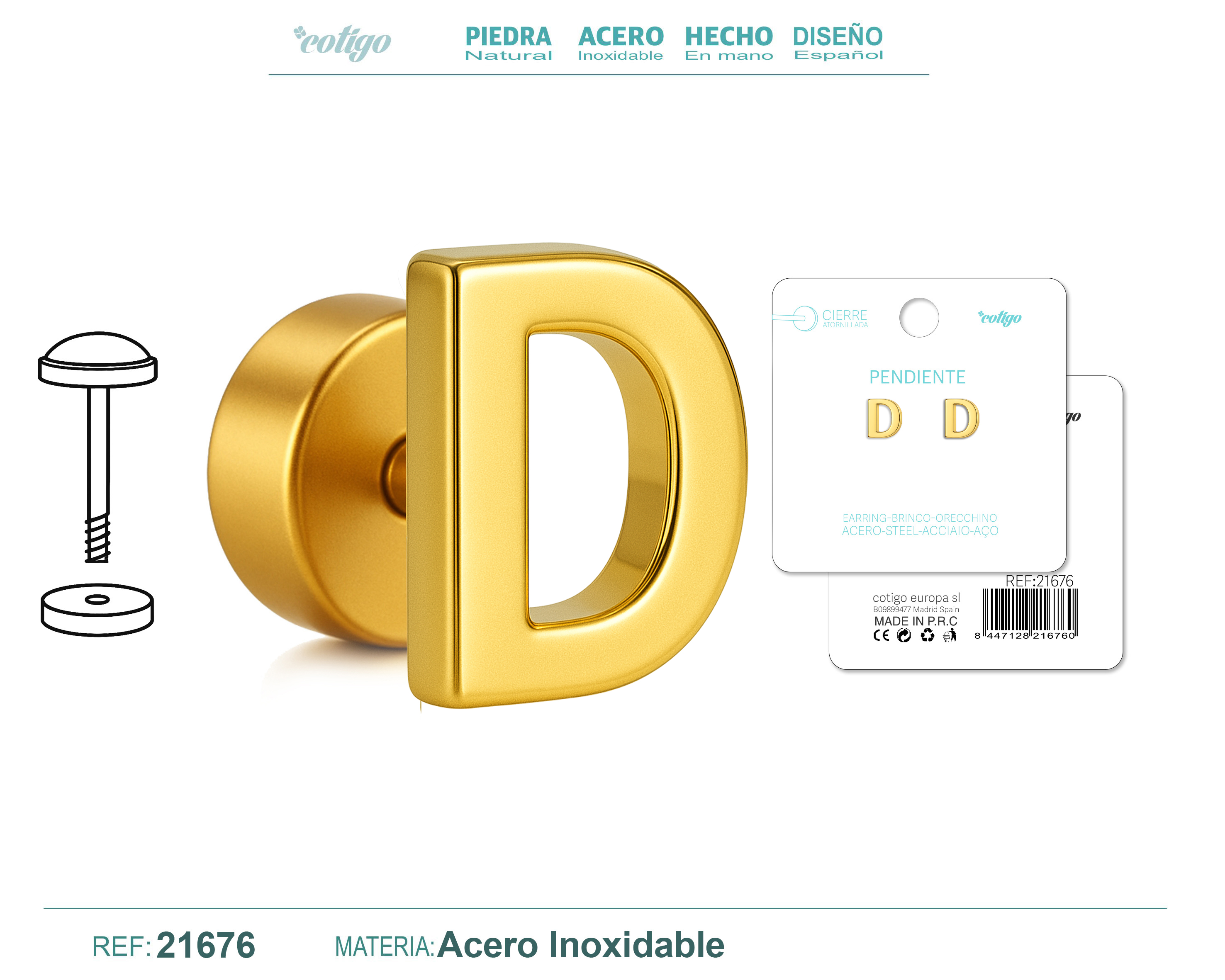 Pendiente Acero Letra D color Dorado Con cierre rosca