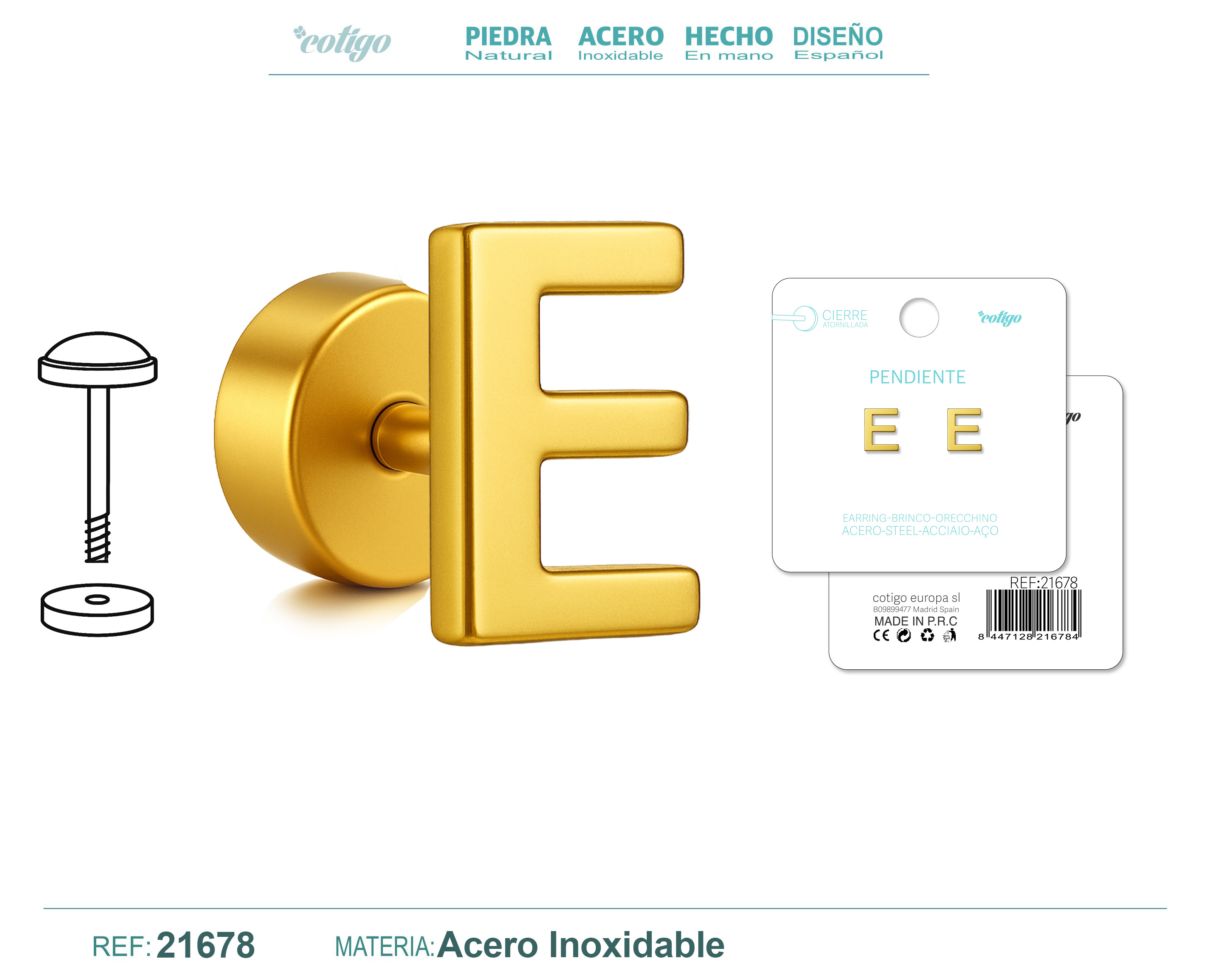 Pendiente Acero Letra E color Dorado Con cierre rosca