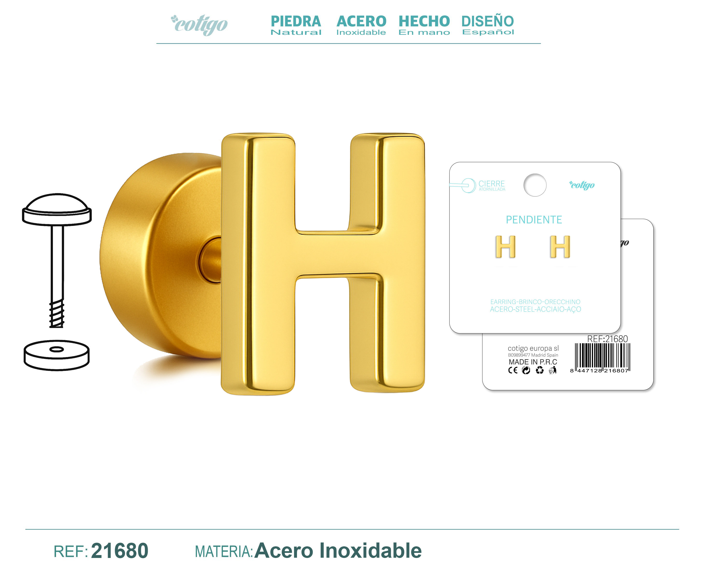 Pendiente Acero Letra H color Dorado Con cierre rosca