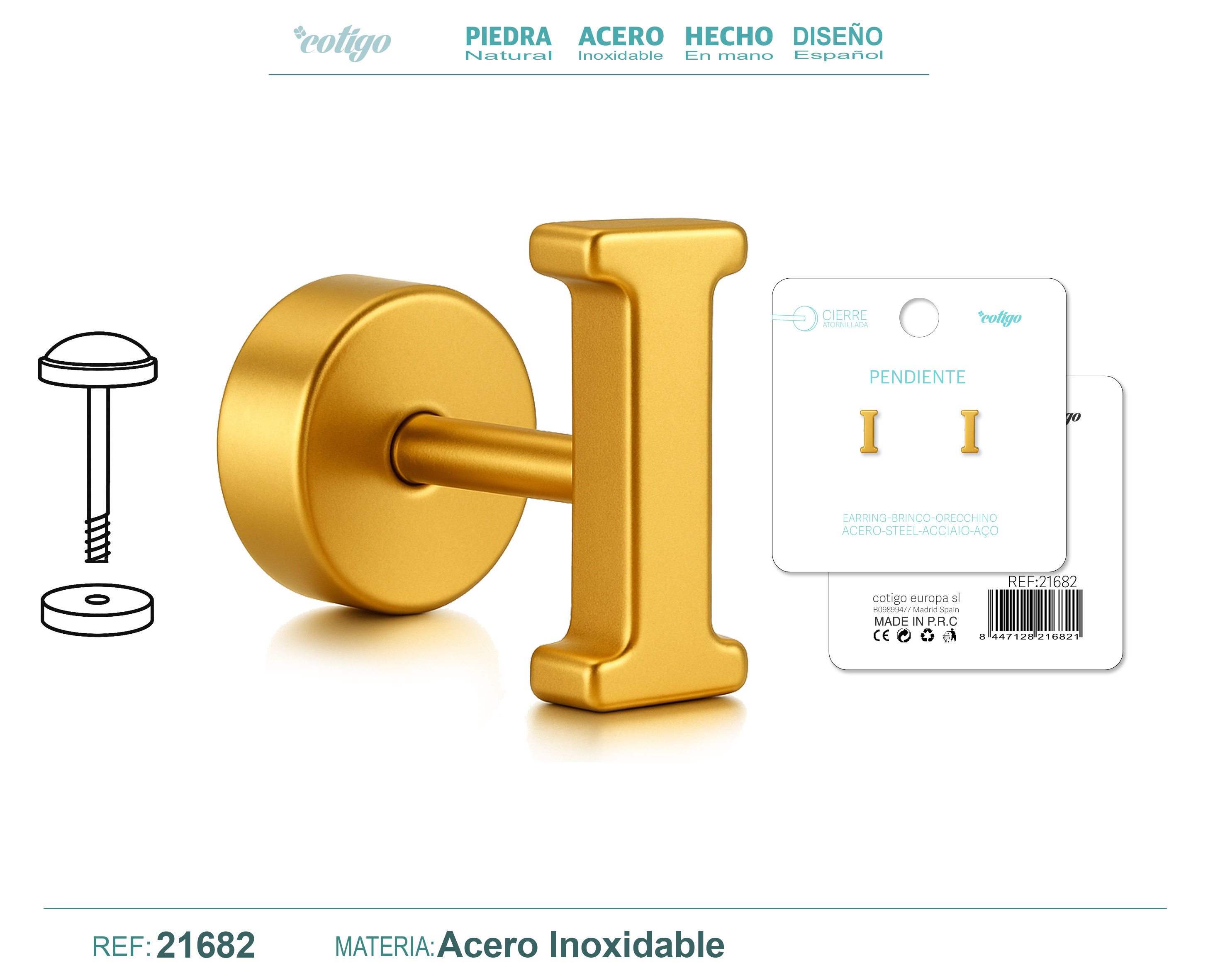 Pendiente Acero Letra I color Dorado Con cierre rosca